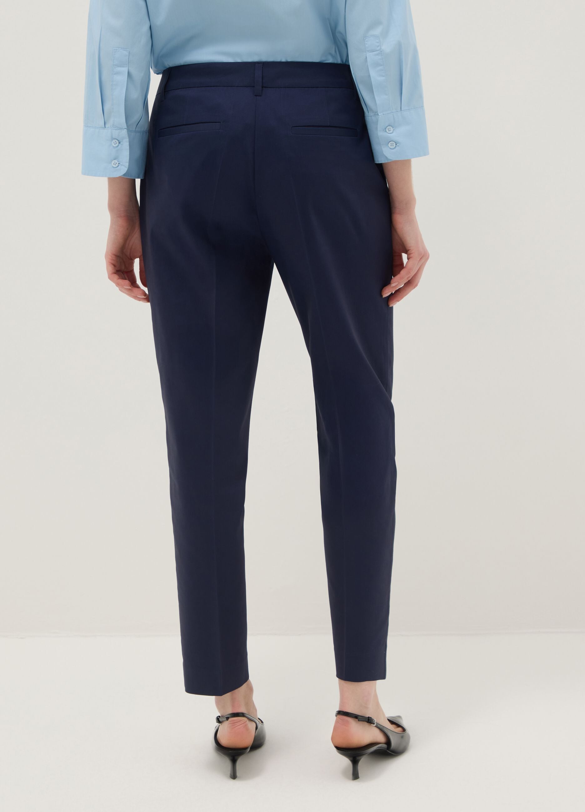 Blue Stretch Cotton Satin Trousers Regular Fit