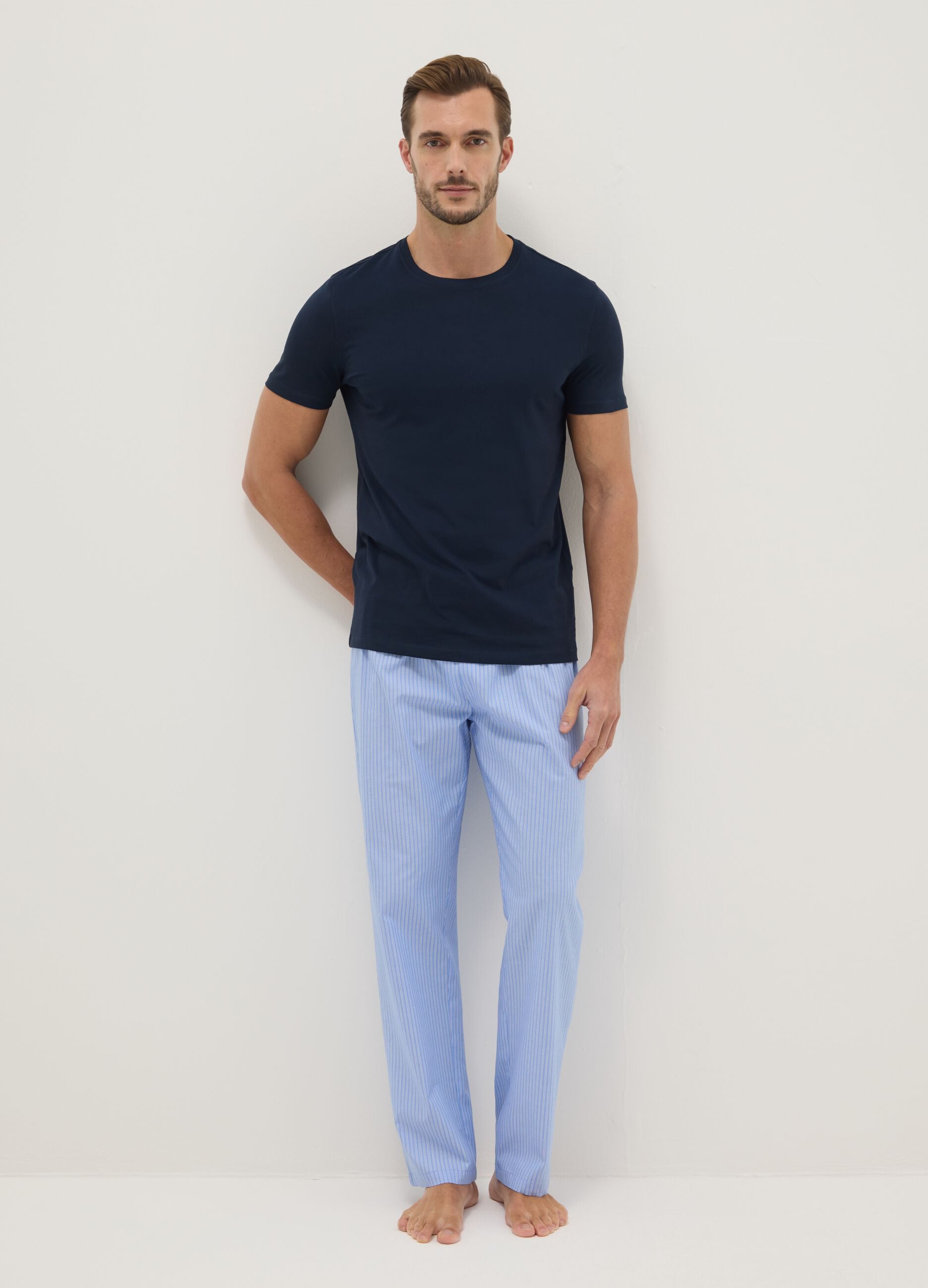 Light Blue Classic Fit Pajama Trousers in Pure Cotton