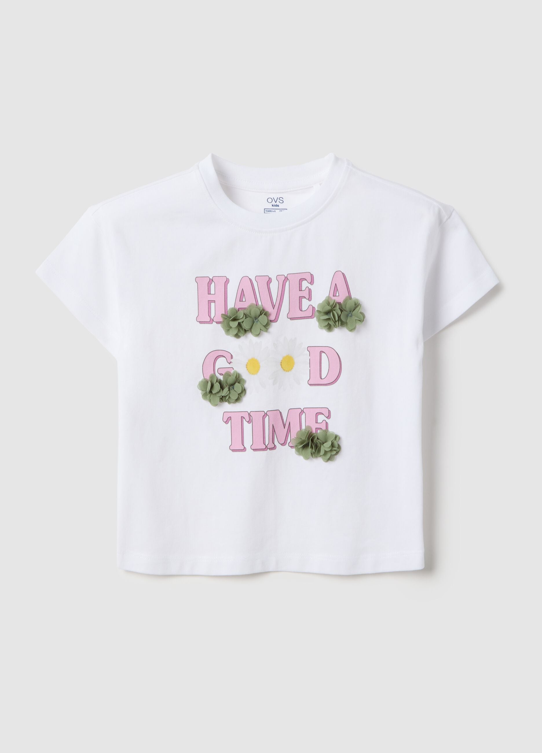 White stretch cotton girl's t-shirt regular fit with print