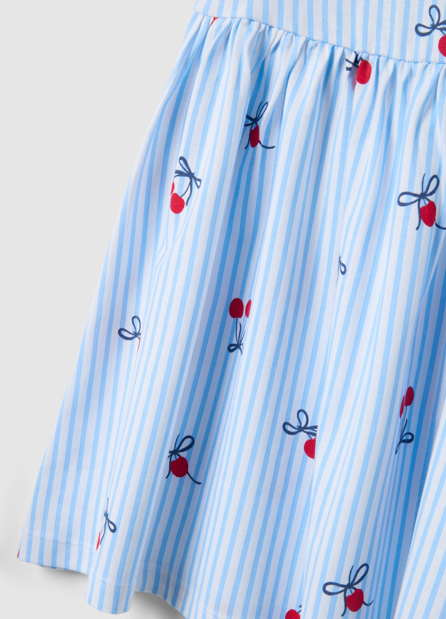 Pure cotton dress with blue stripes, ruffles and prints for girls