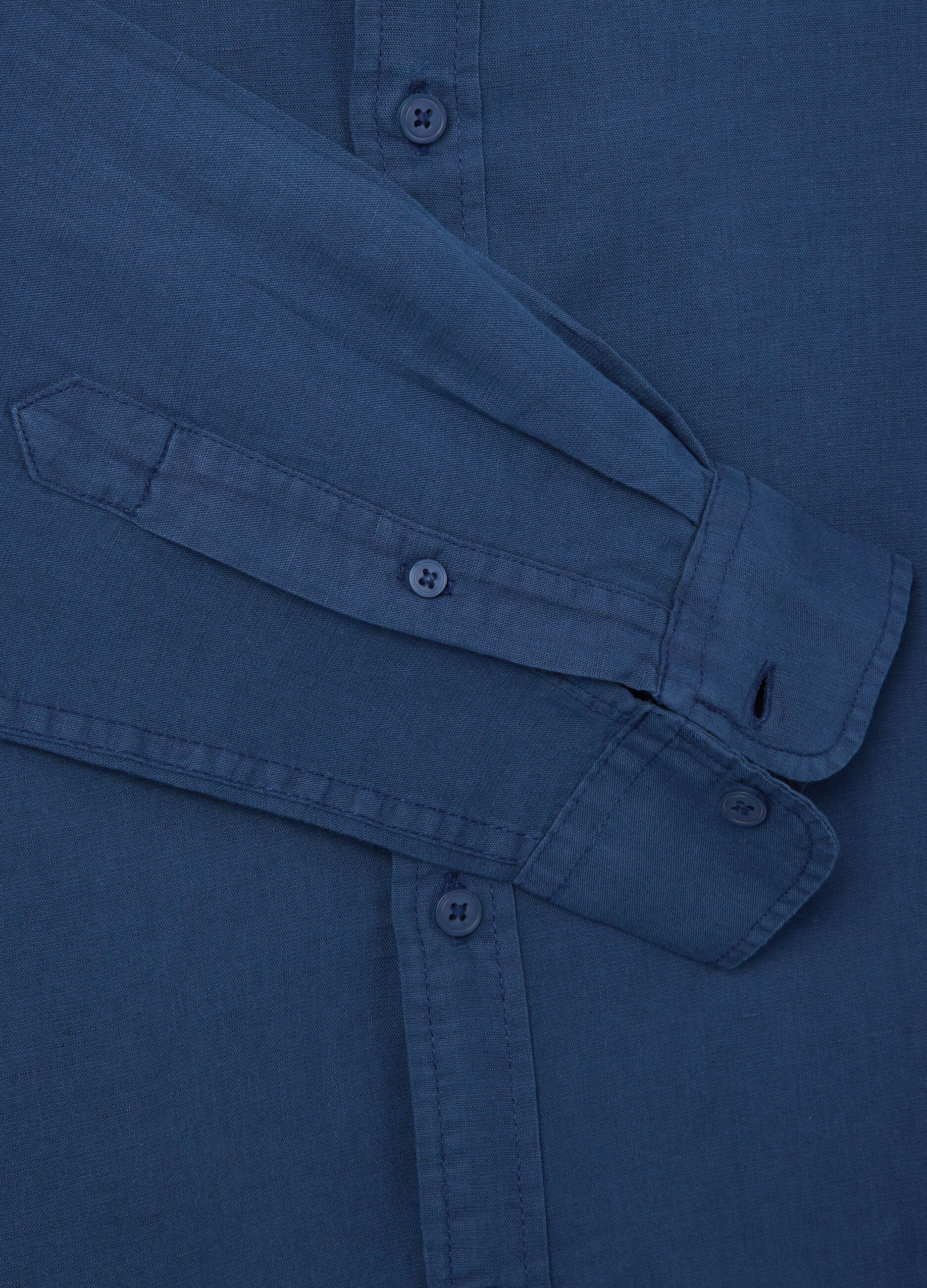 Blue cotton and linen, regular fit men's shirt with band collar