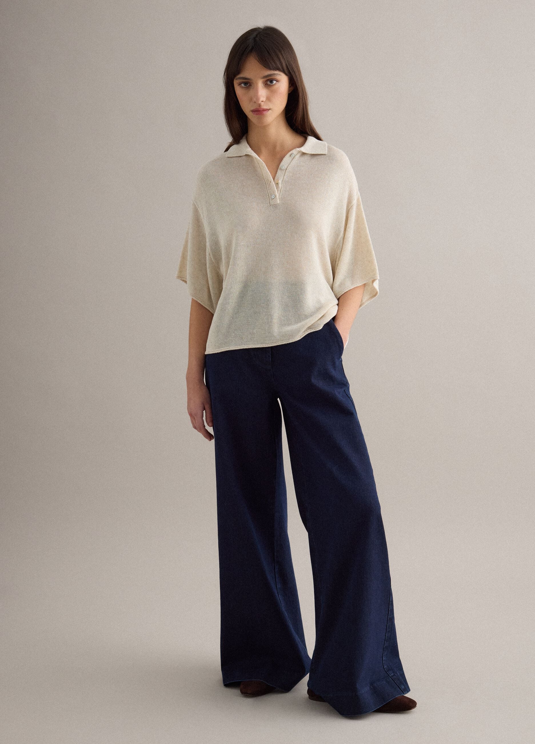 Beige Regular Fit Polo with Elbow-Length Sleeves
