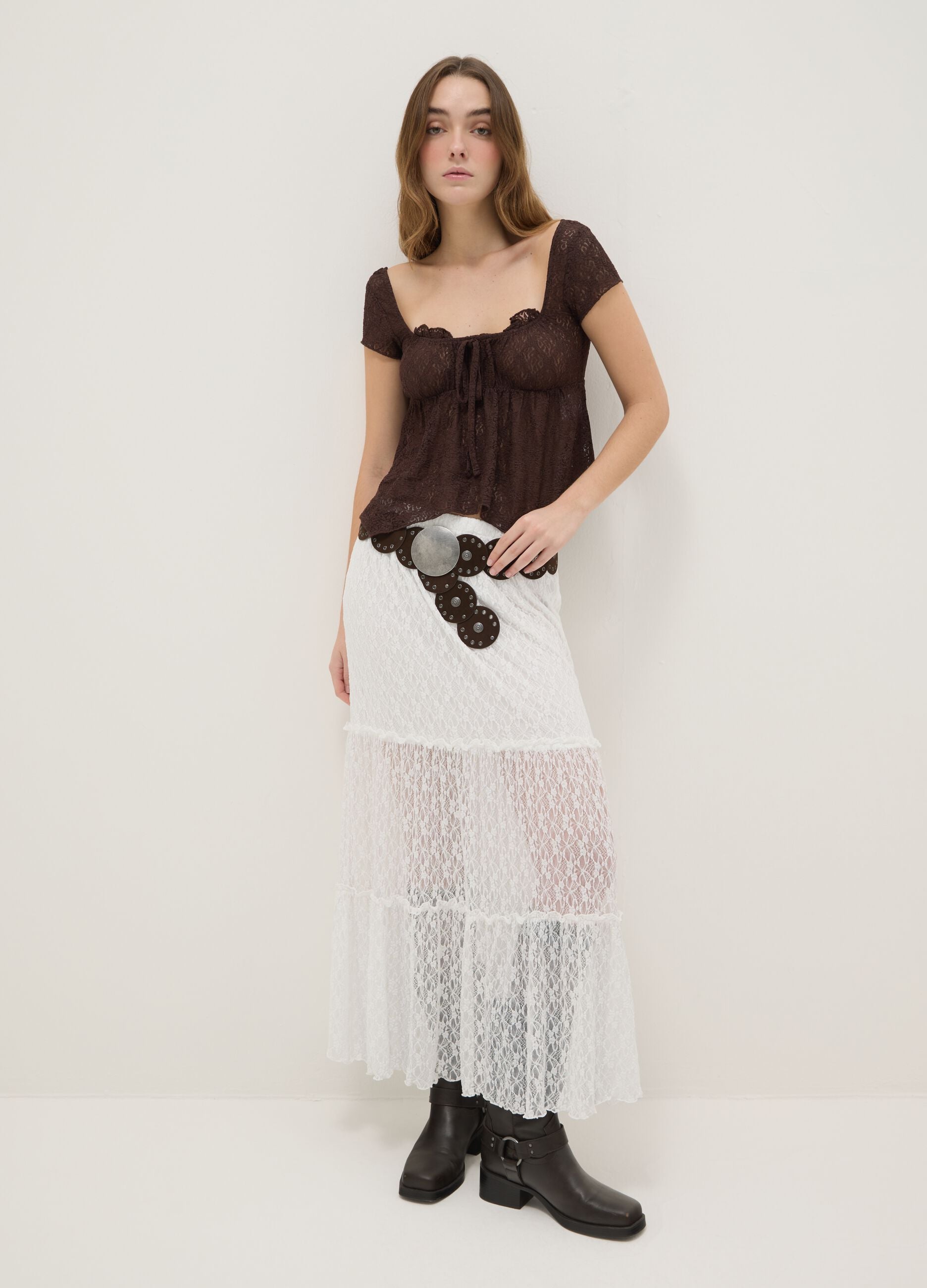 Brown lace regular fit t-shirt with bow