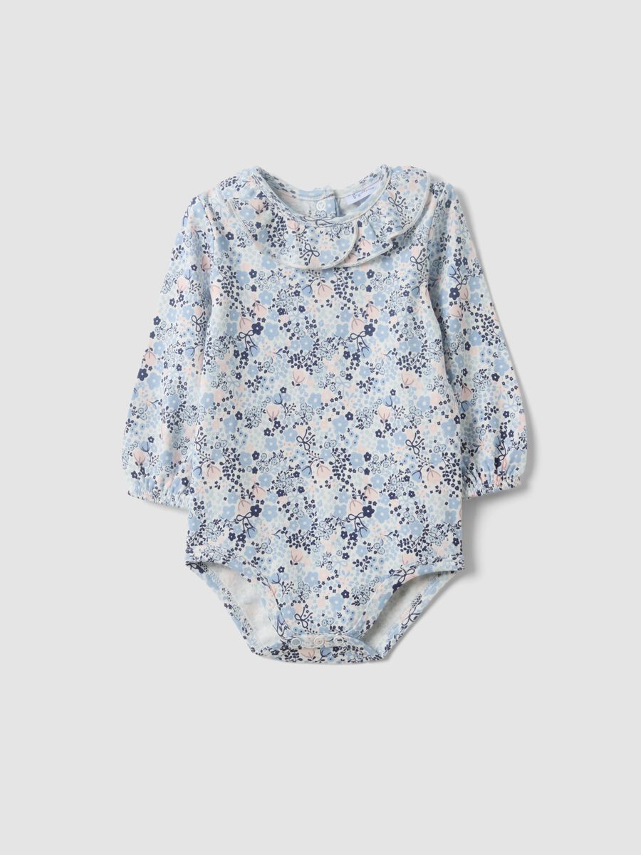 White organic cotton baby girl bodysuit with frill collar and floral print_0