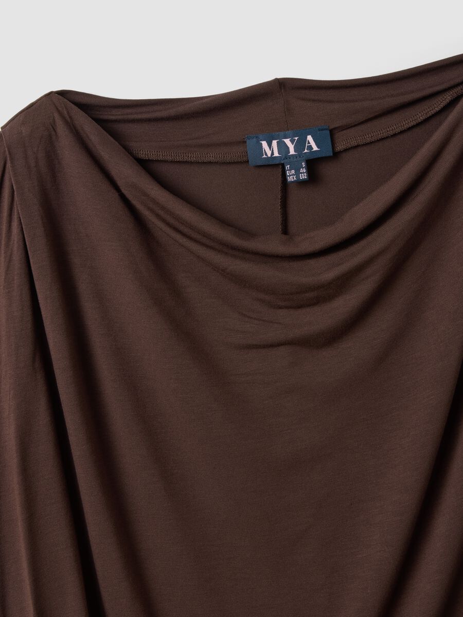 Brown stretch viscose T-shirt with draped neckline_2