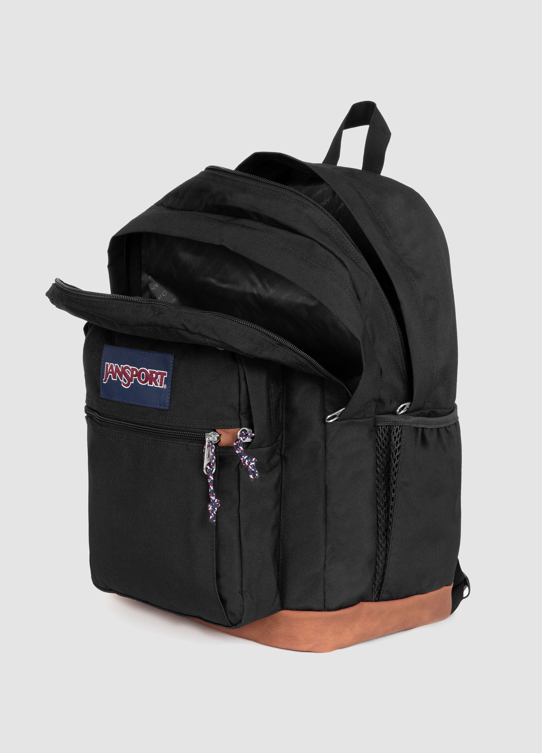 Black backpack with brown base and external pockets