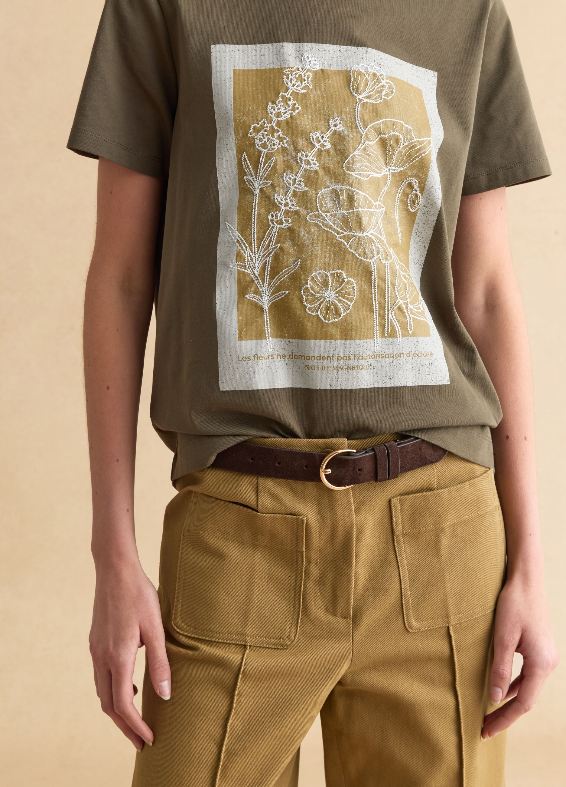 Green pure cotton regular fit T-shirt with floral print