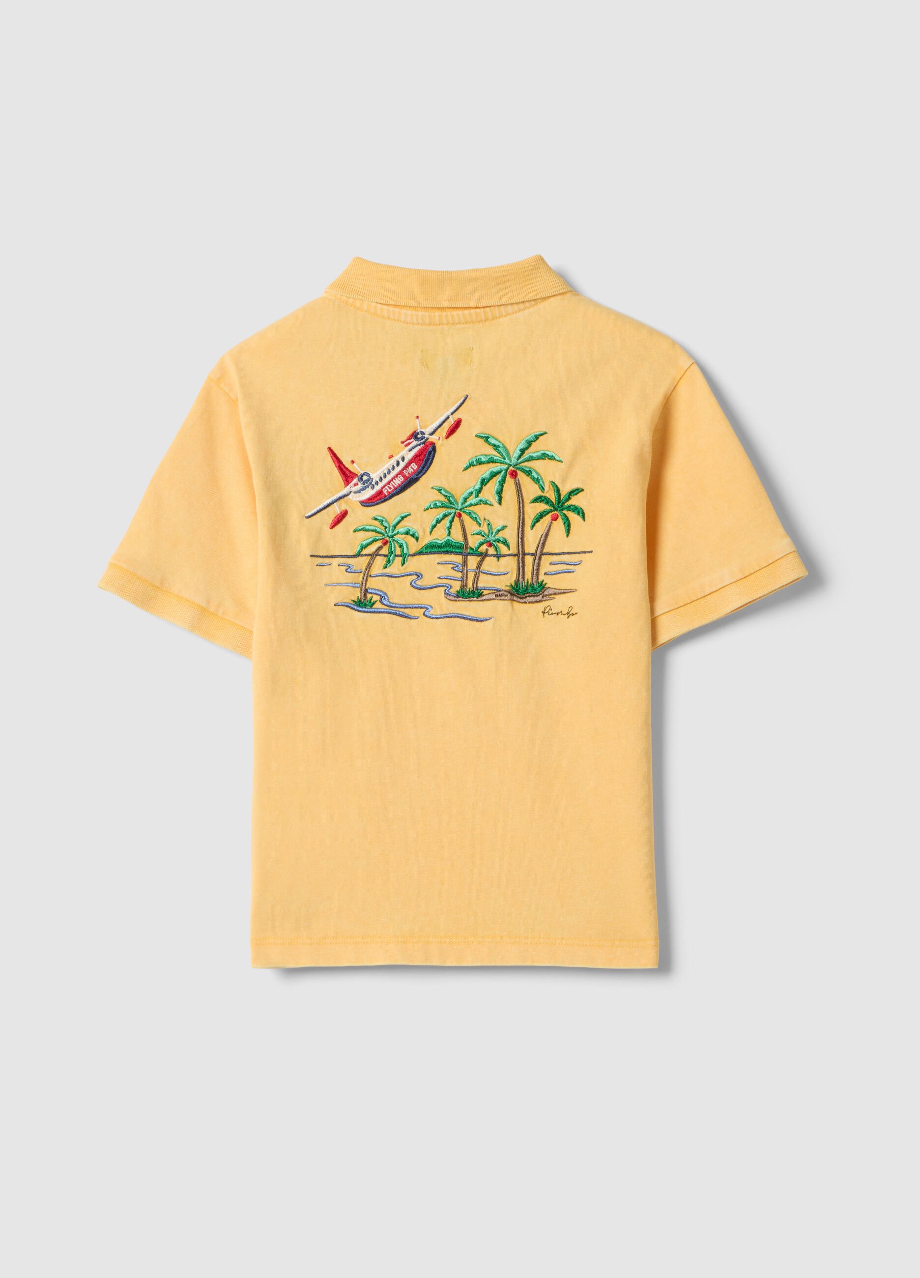 Yellow pure cotton polo shirt for boys regular fit with embroidery