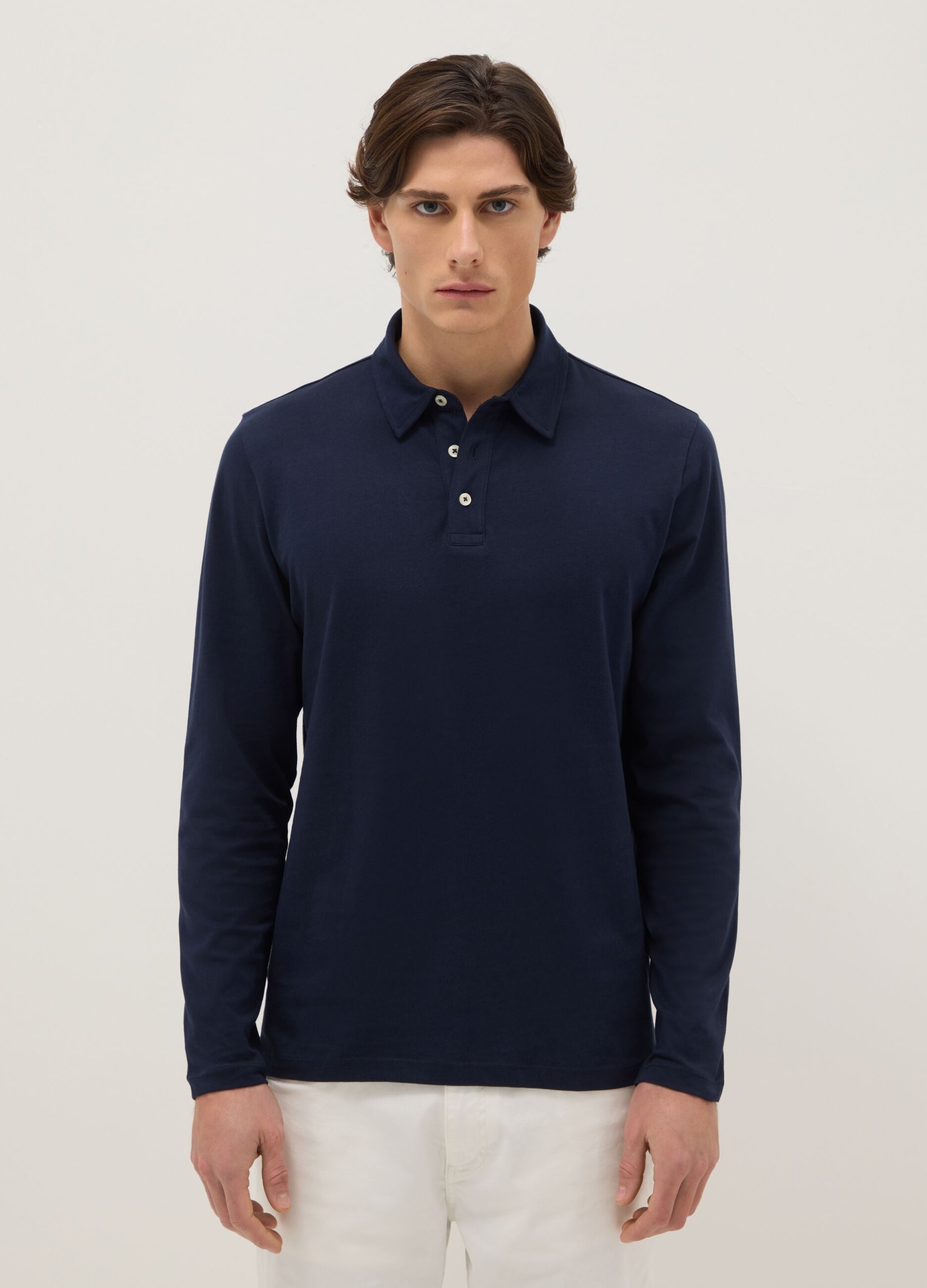 Long sleeve blue pure cotton polo &ndash; regular fit