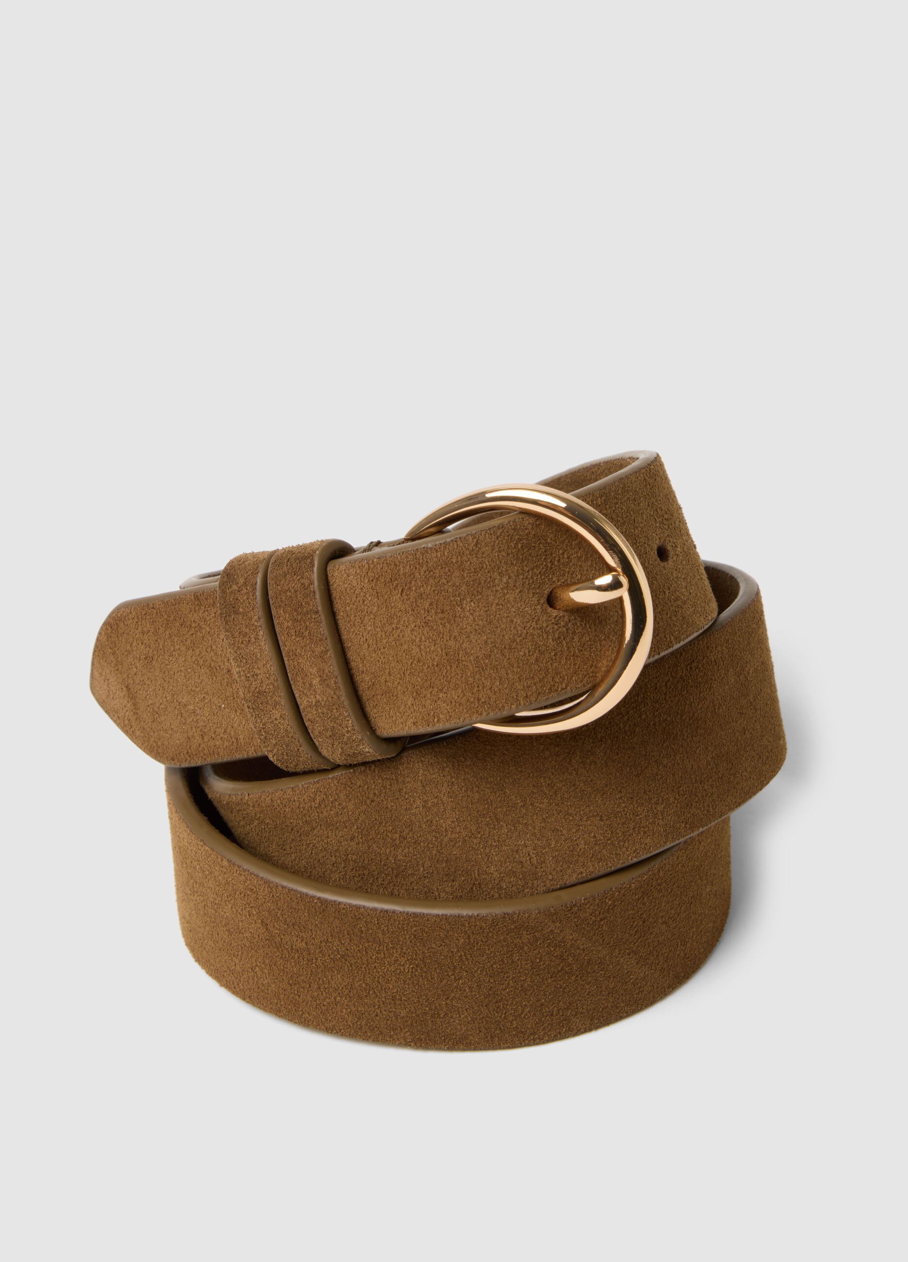 Brown genuine leather belt with golden buckle