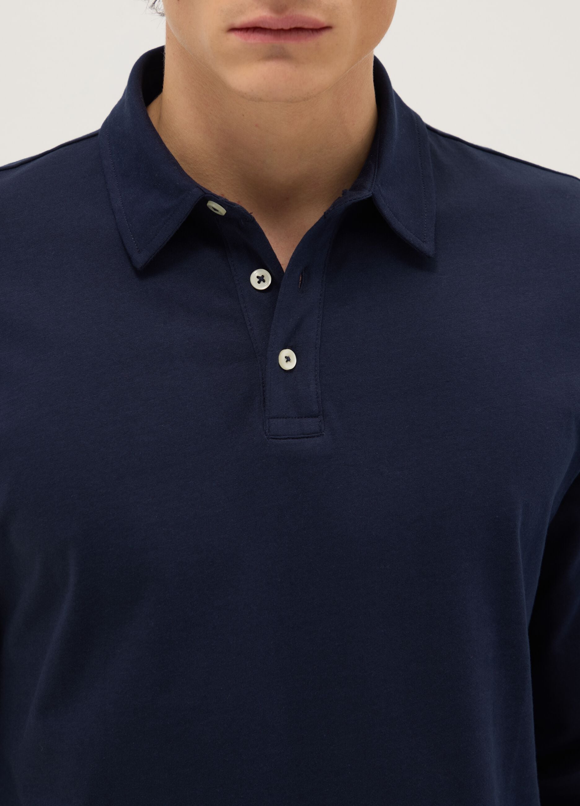 Long sleeve blue pure cotton polo &ndash; regular fit