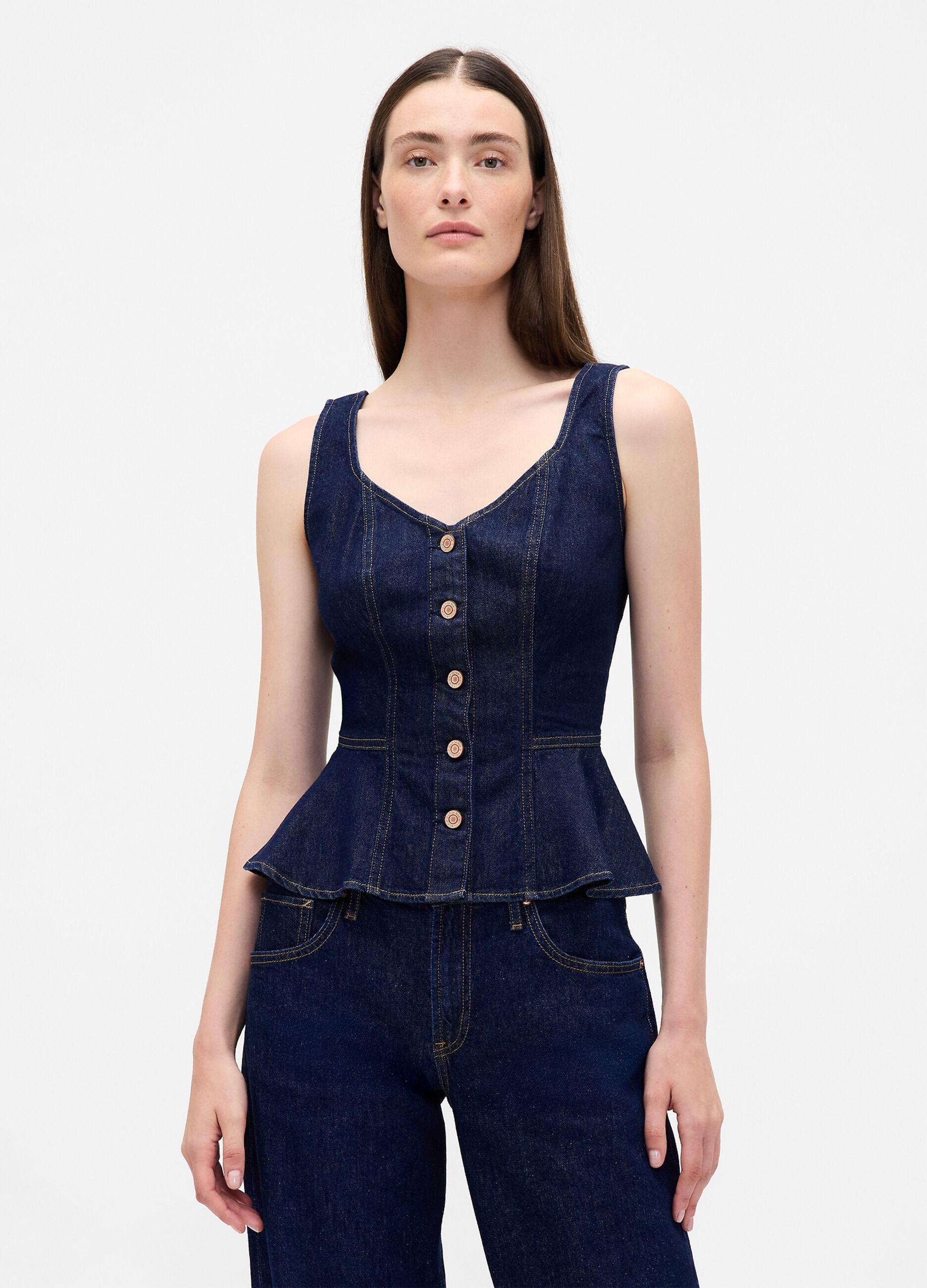 Stretch denim tank top with V-neck