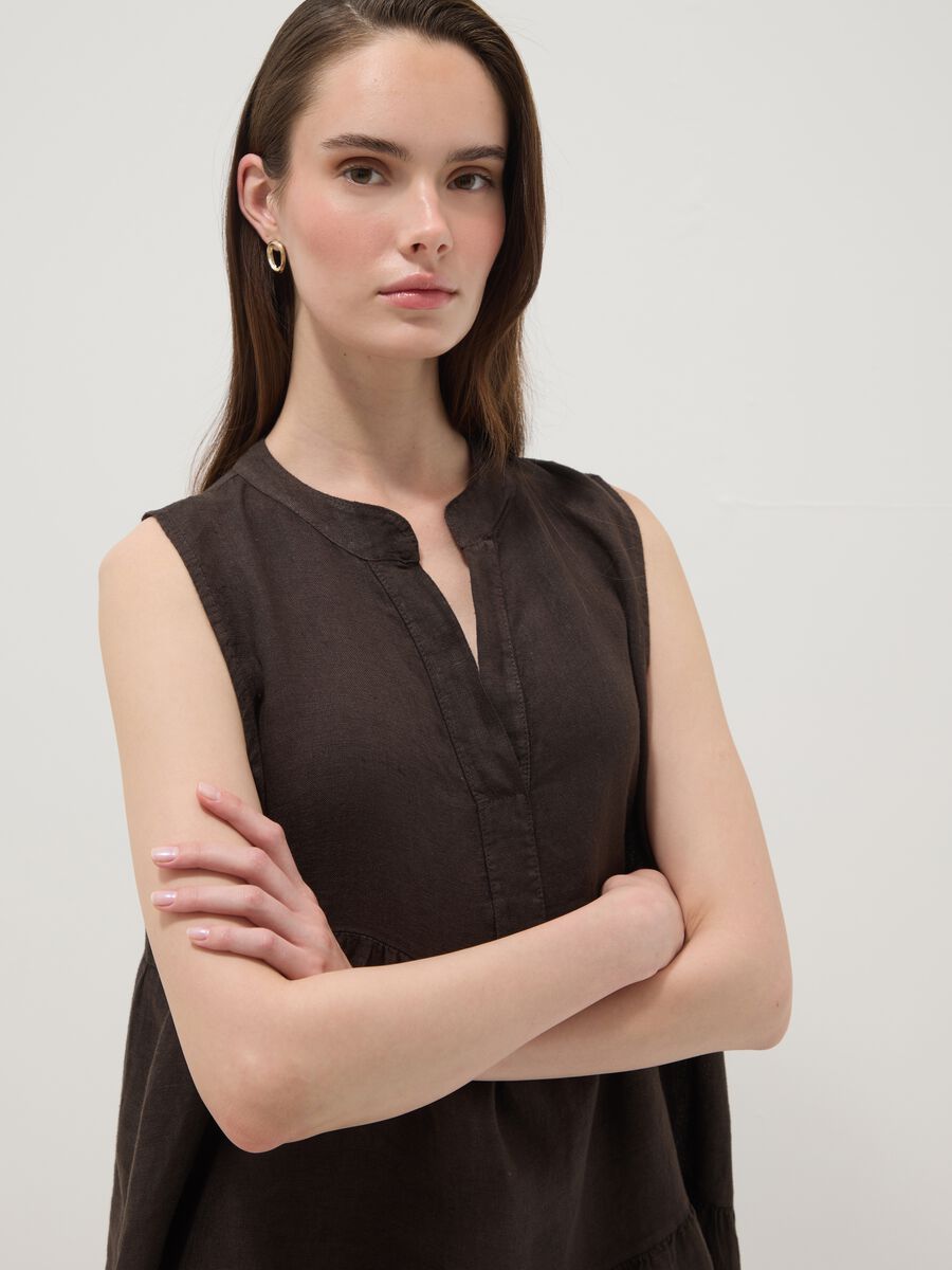 Brown sleeveless pure linen dress, regular fit_2