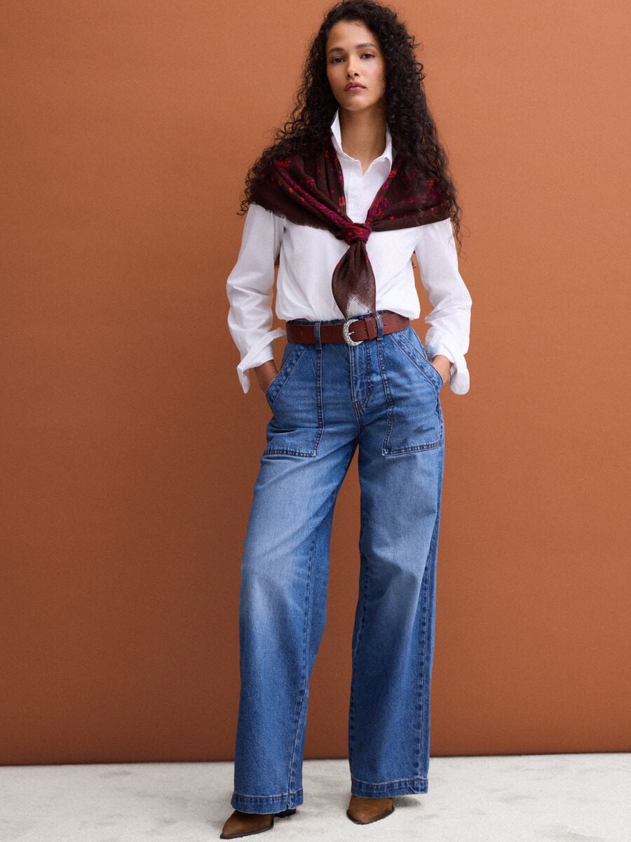 Blue denim wide-leg jeans in pure cotton_0