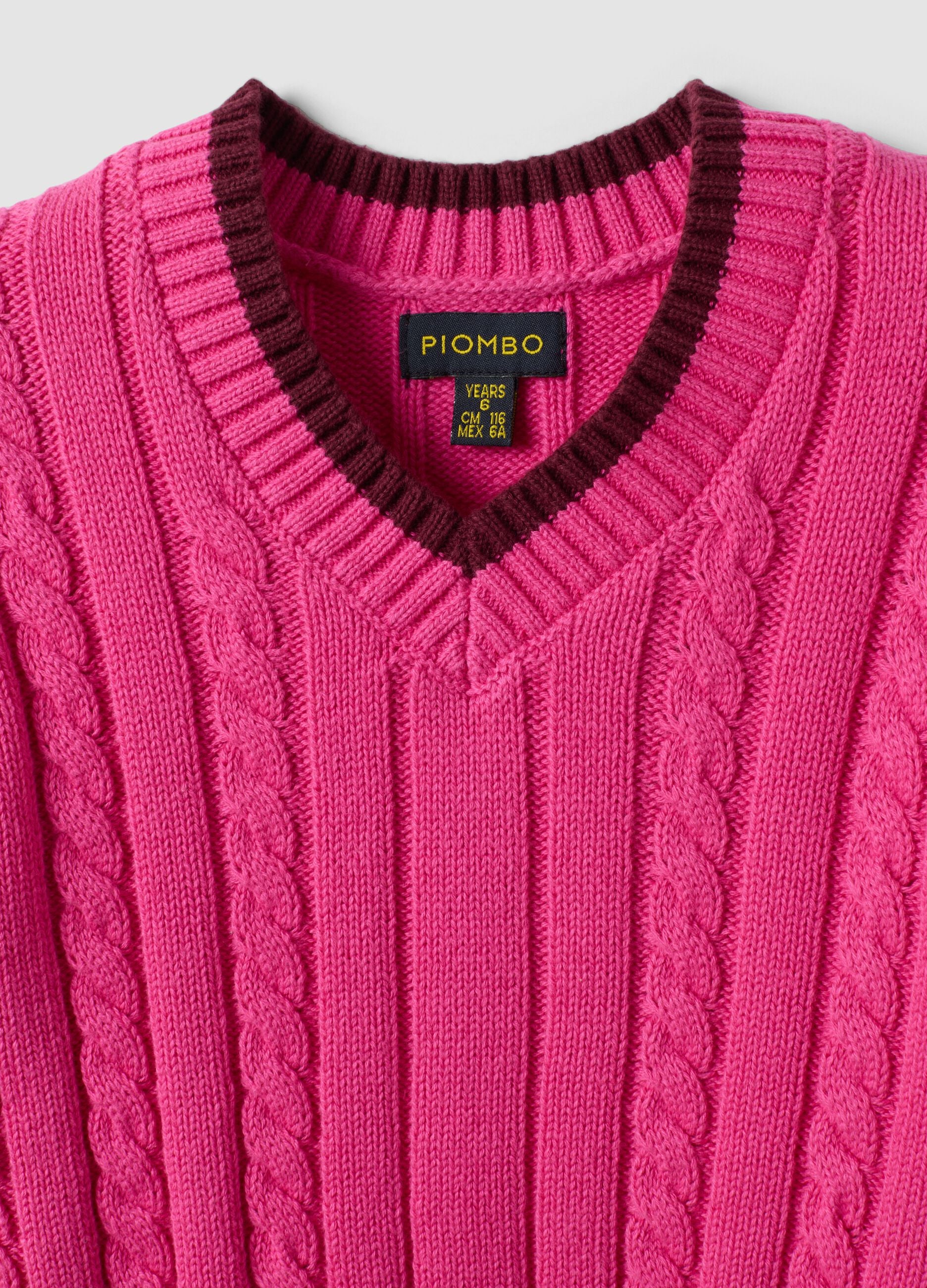 Pink pure cotton cable-knit V-neck jumper for girls
