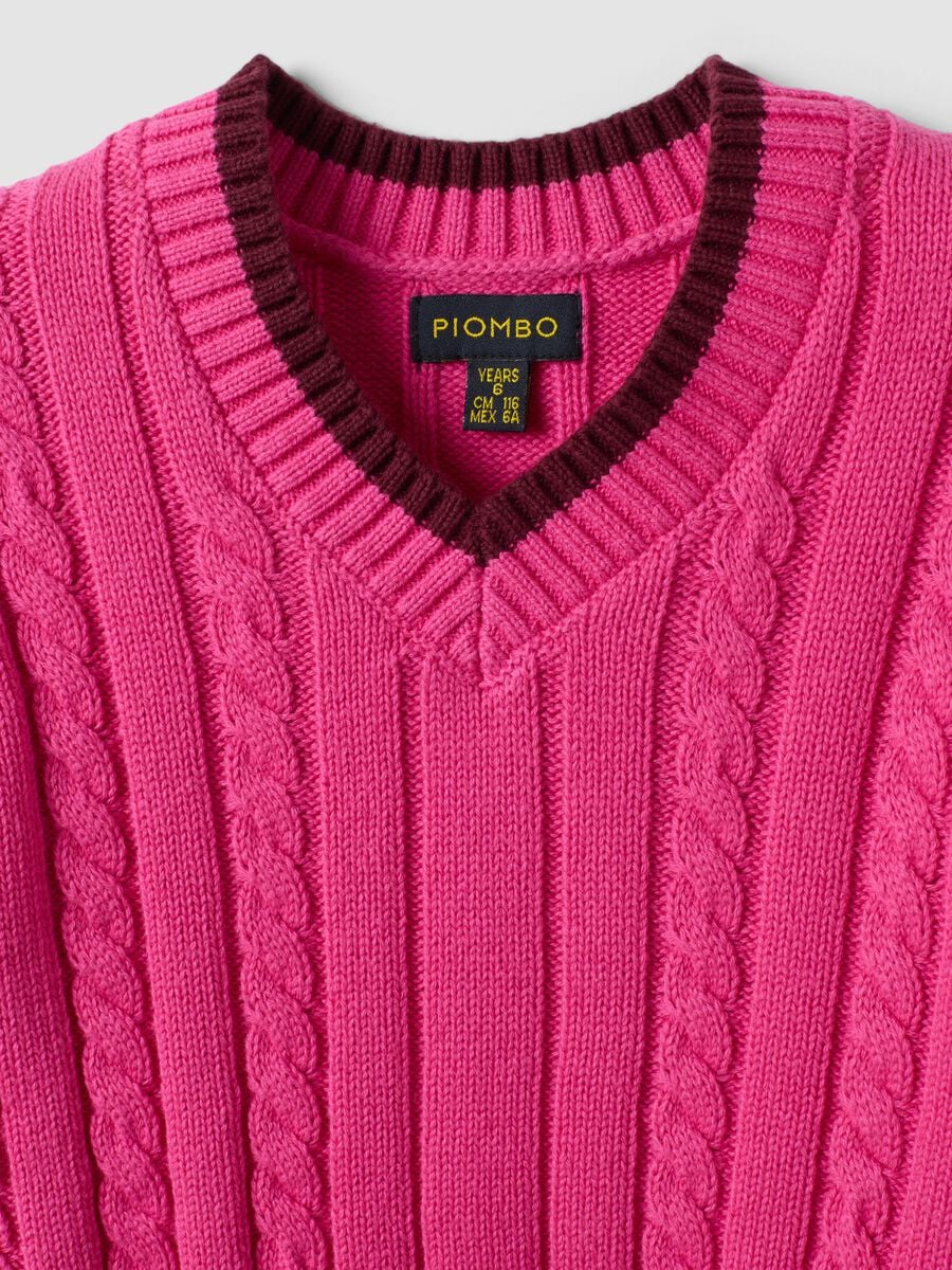 Pink pure cotton cable-knit V-neck jumper for girls_2