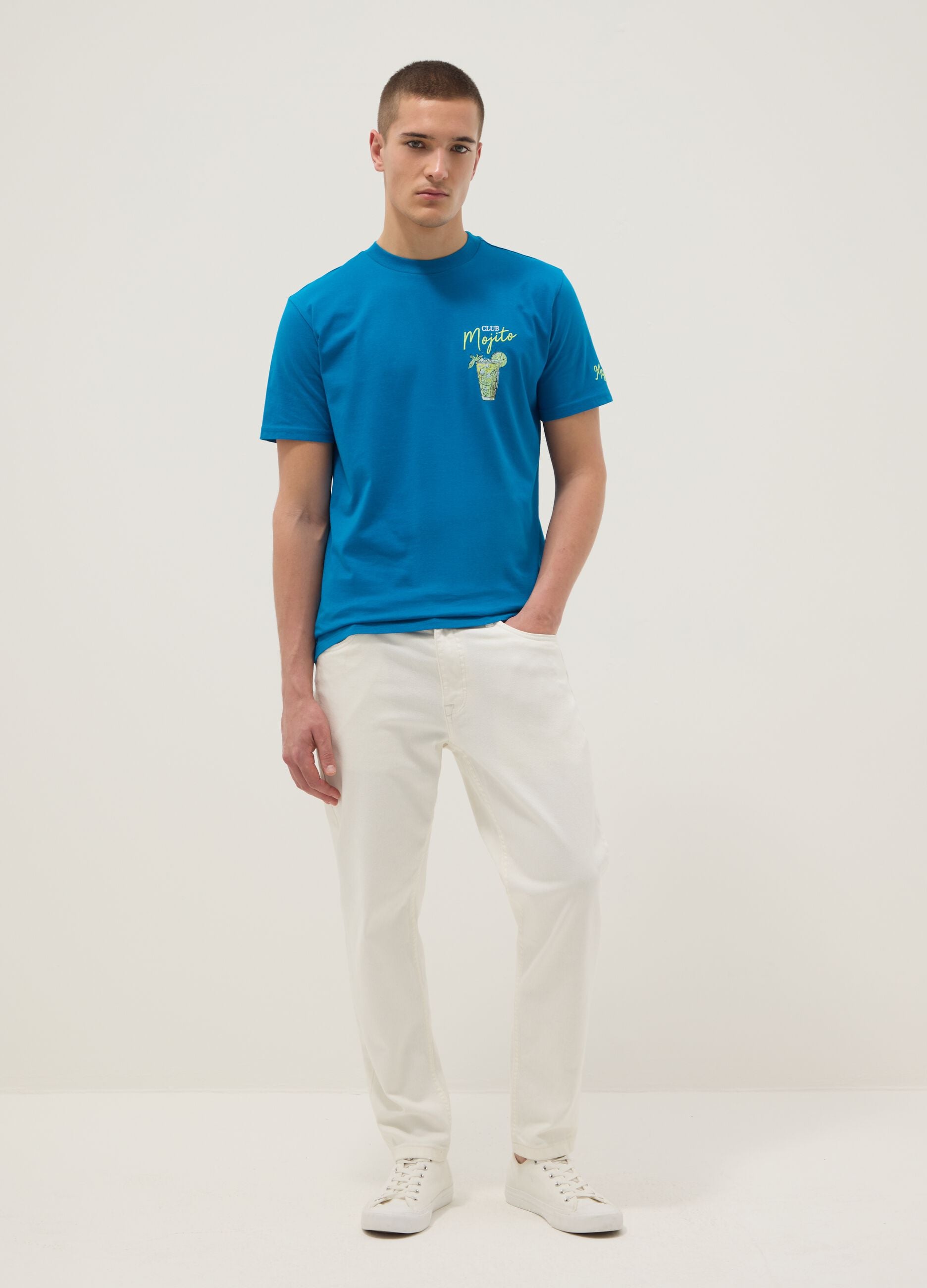 Regular fit pure cotton blue T-shirt with mojito print