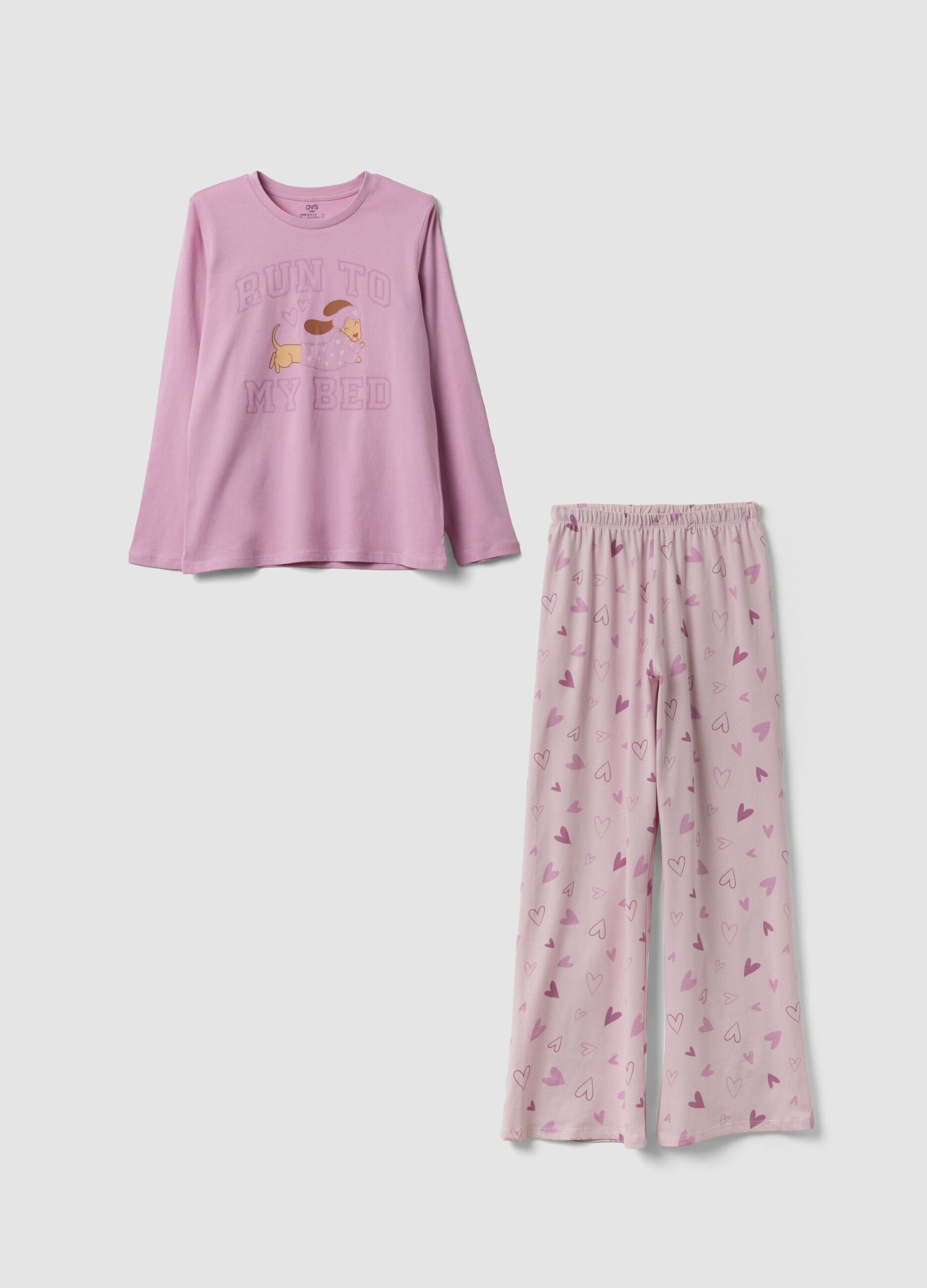 Pink long organic cotton jersey pyjamas with prints for girls
