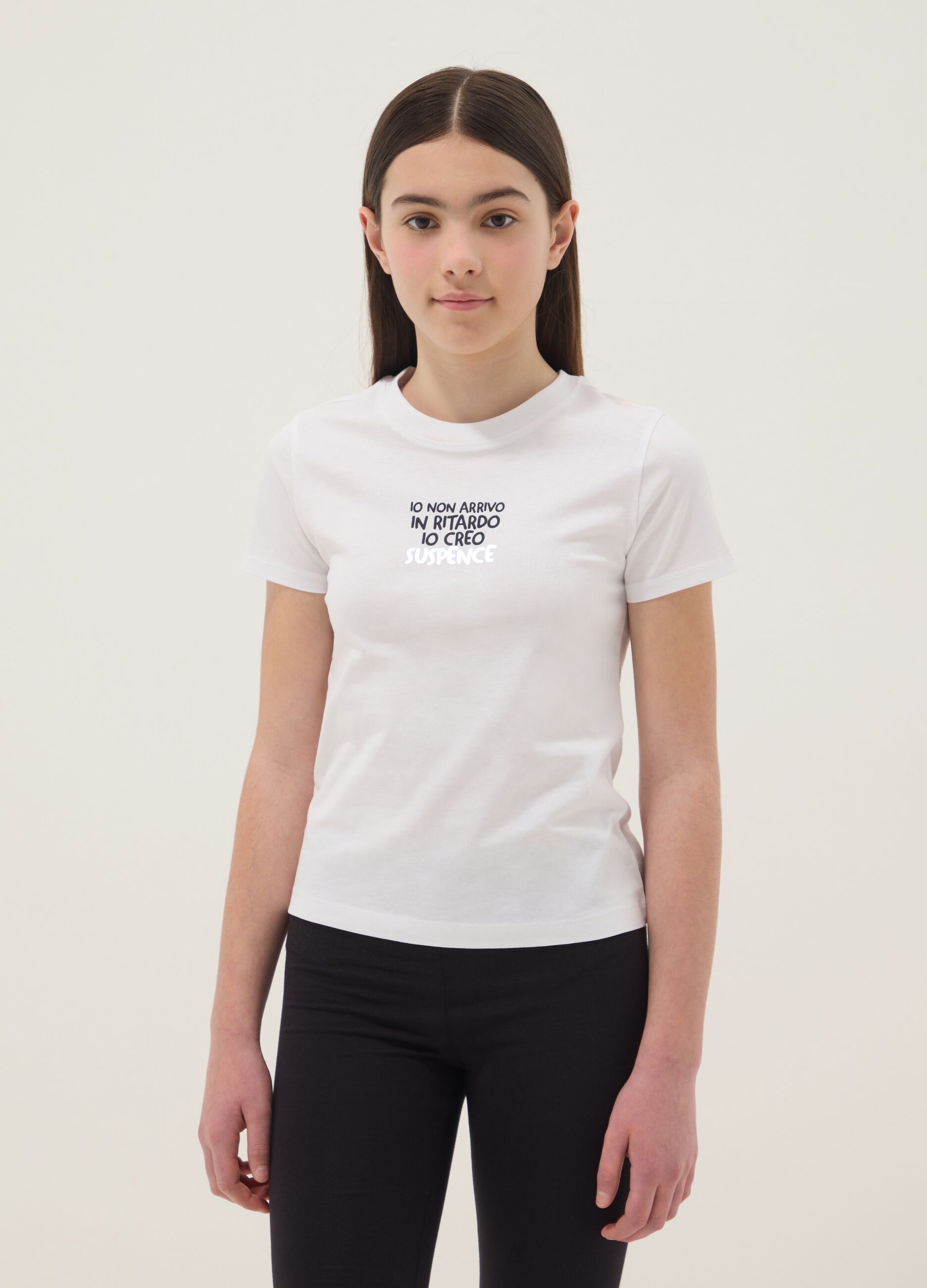 Girls' regular fit white pure cotton T-shirt with phrase