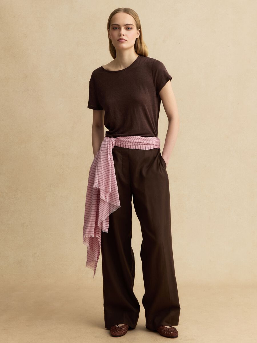 Brown short-sleeved pure linen T-shirt, regular fit_2