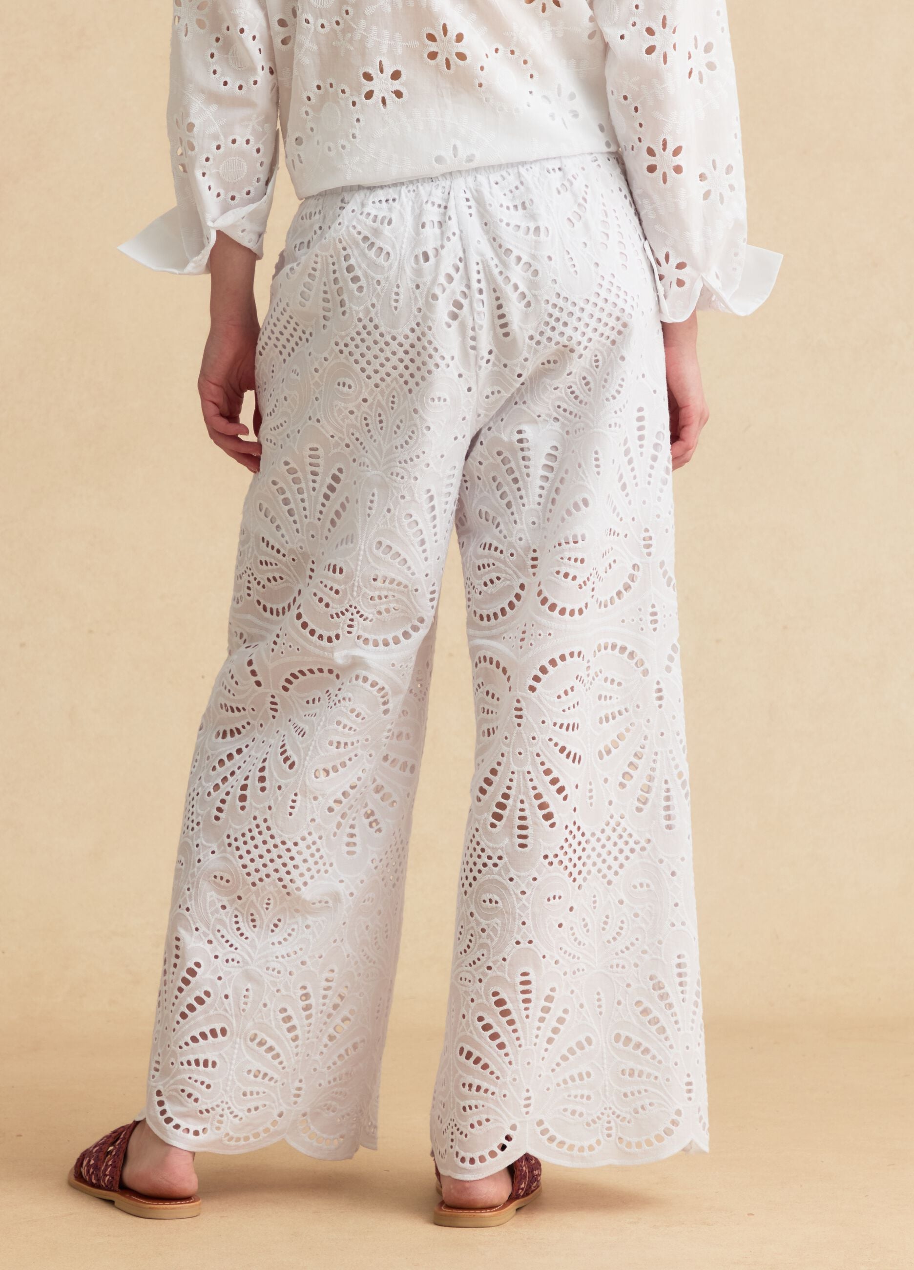 White pure cotton broderie anglaise palazzo trousers