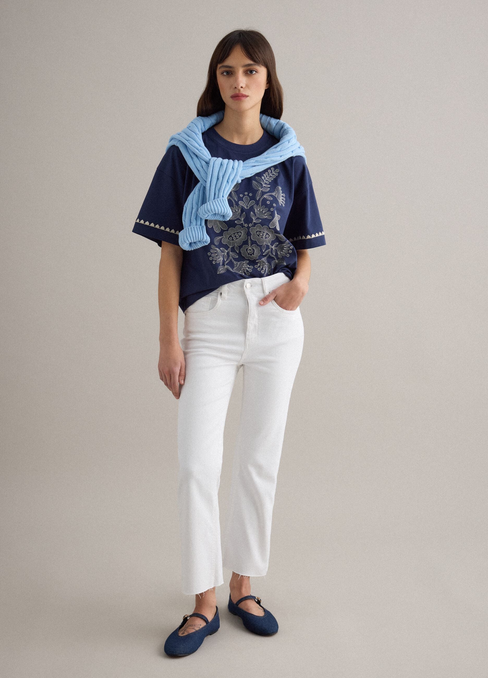Blue boxy fit pure cotton T-shirt with embroidery