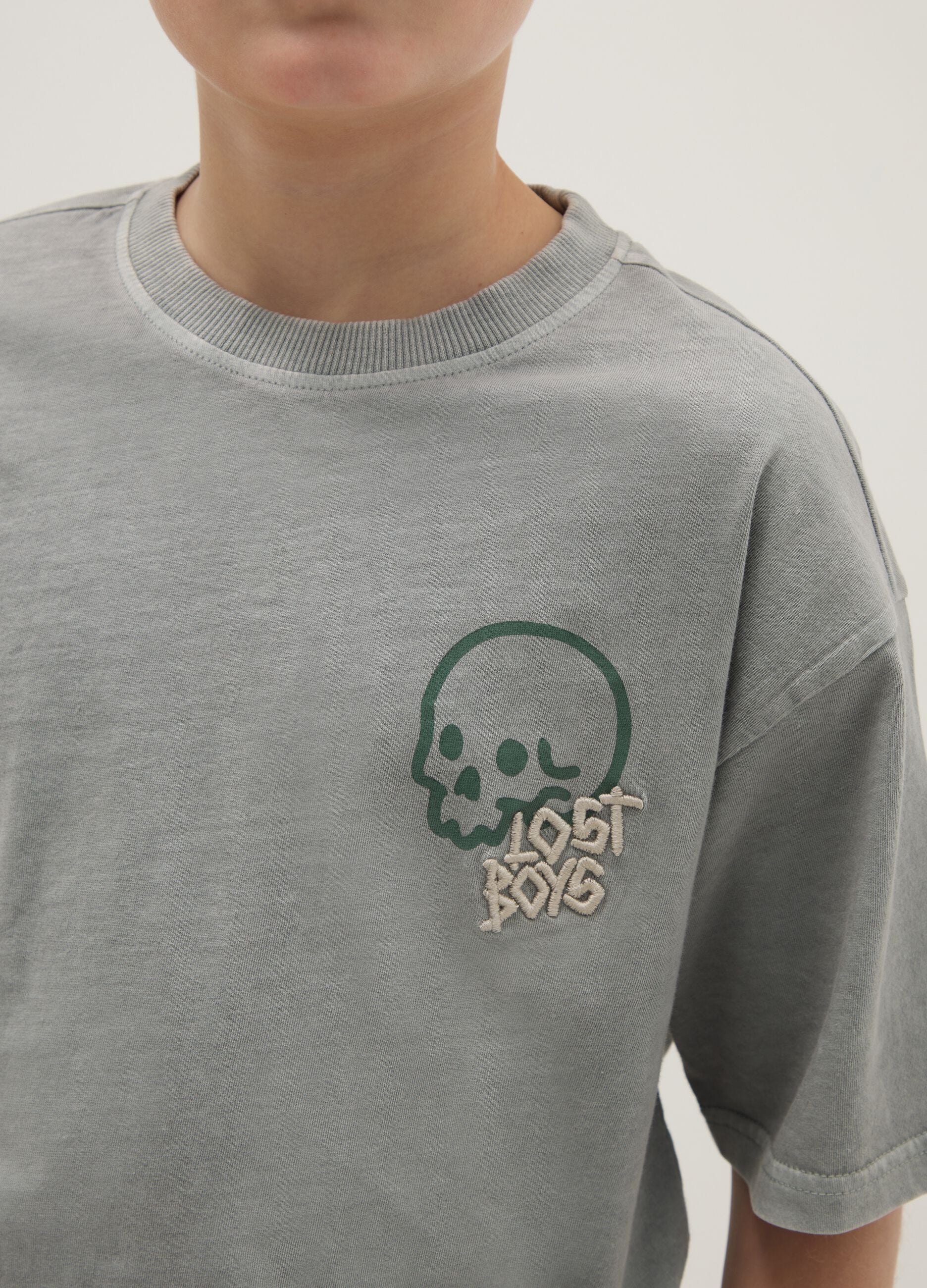 Boys' Green Pure Cotton Oversized Fit T-shirt with Skull