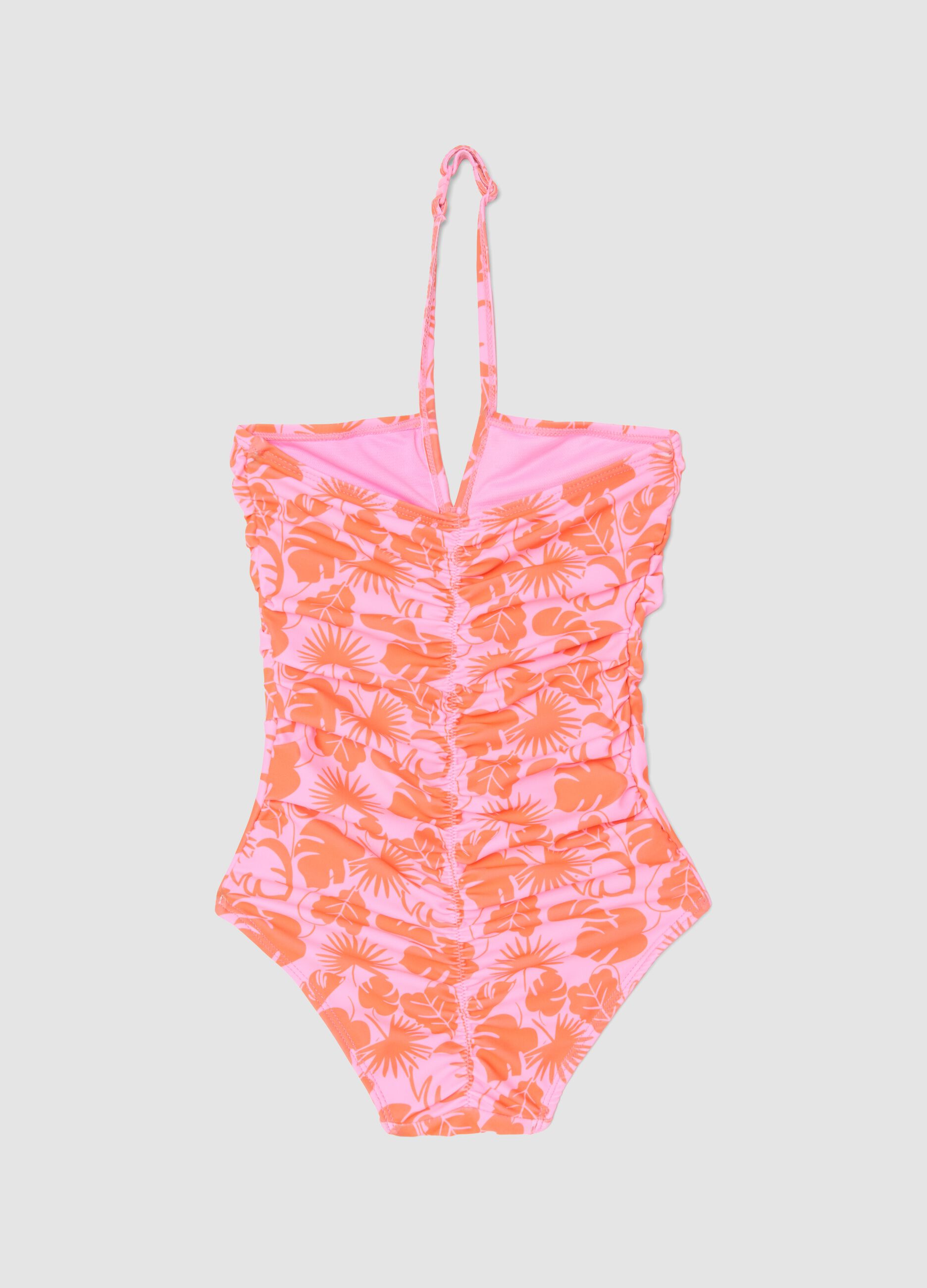 Girls&rsquo; pink tropical print stretch swimsuit