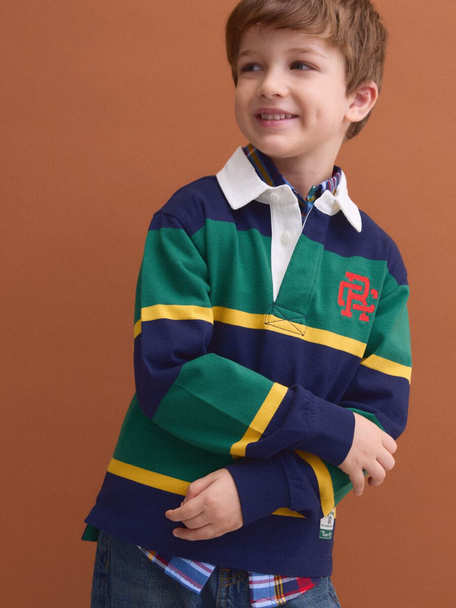 Boys&rsquo; multicolour pure cotton striped rugby polo with classic collar_1