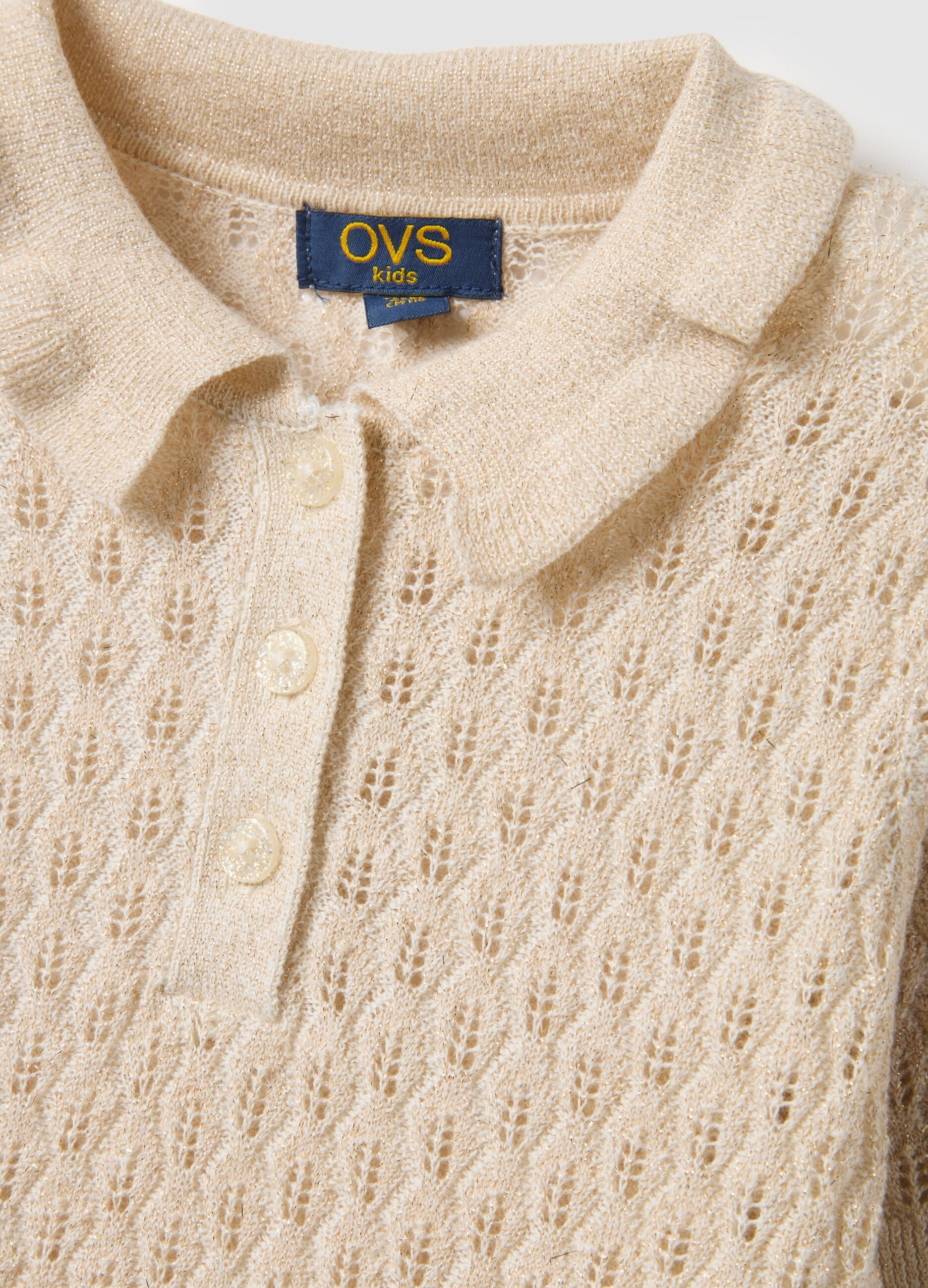 Beige cotton blend girl's polo with regular fit and eyelet detail