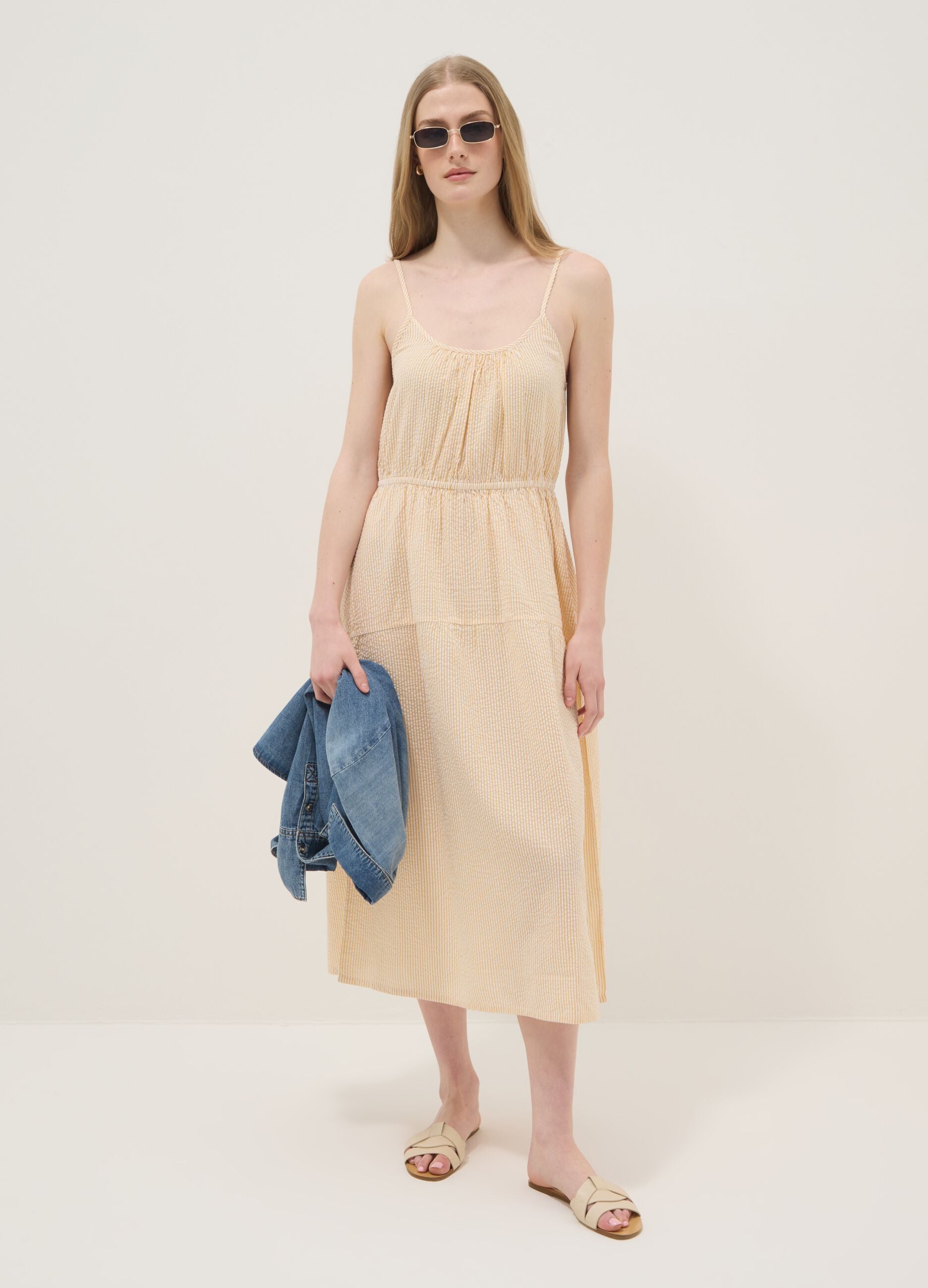 Beige striped pure cotton regular-fit dress with thin straps