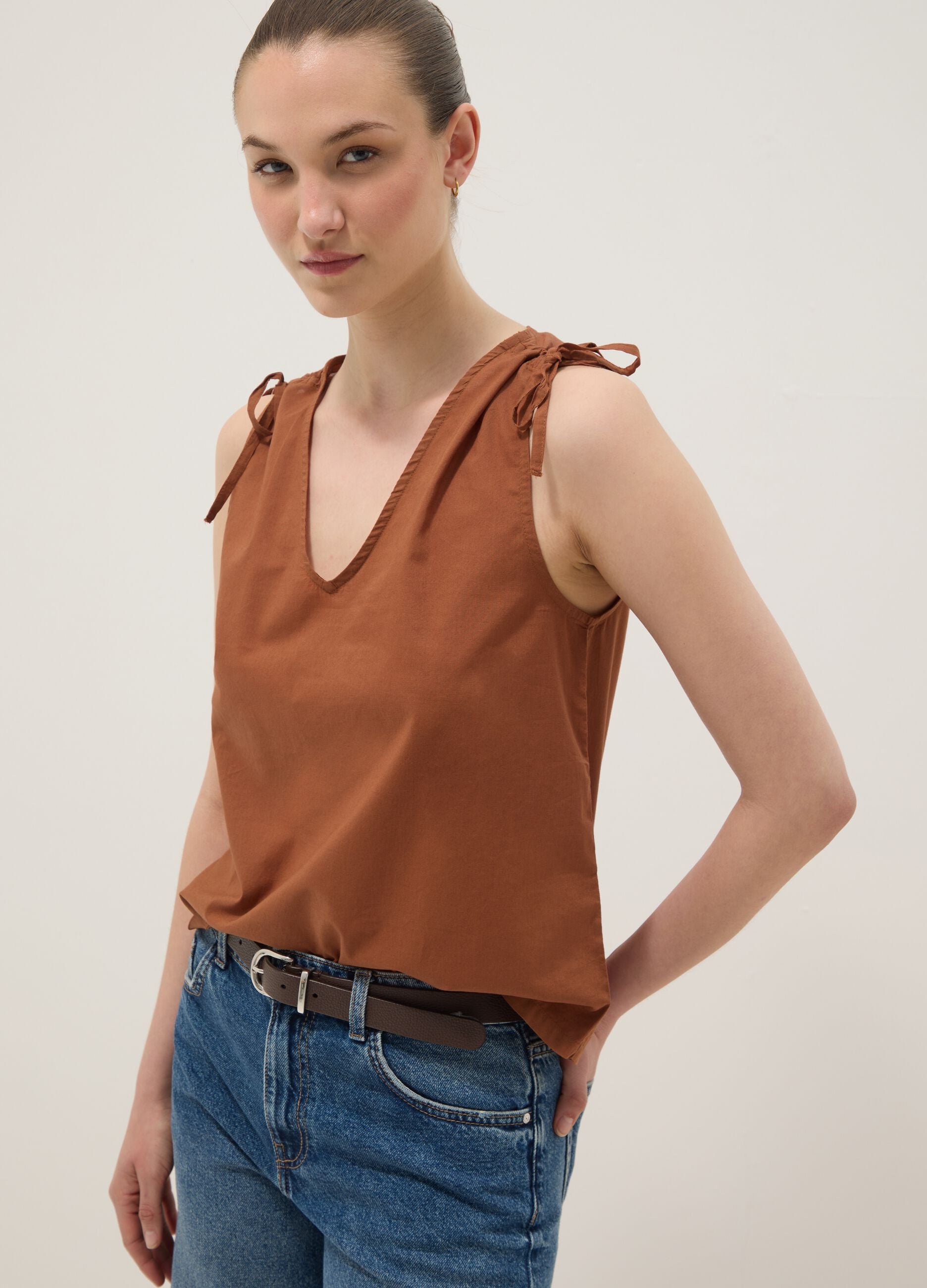 Brown pure cotton V-neck blouse, regular fit
