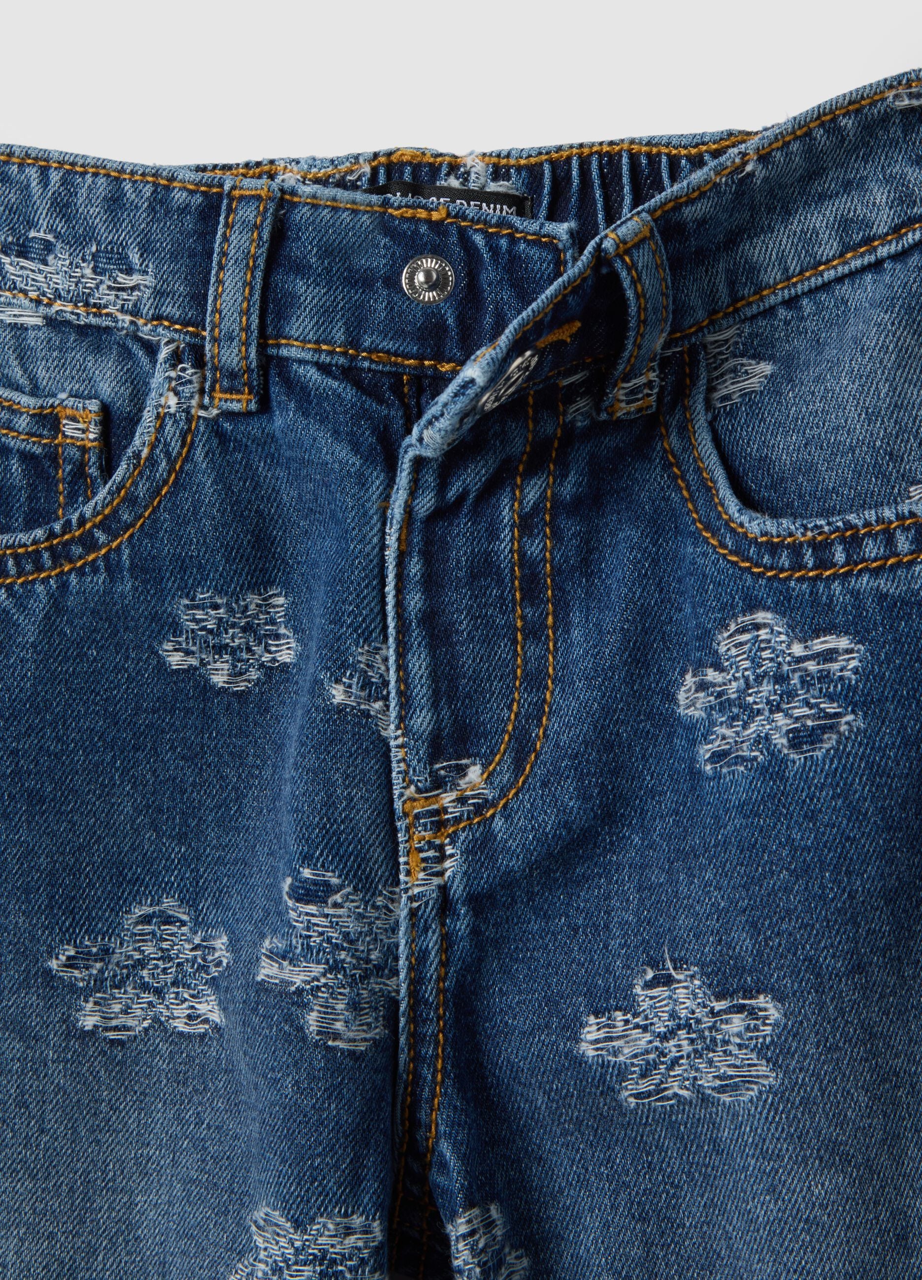 Girls' blue pure cotton jeans regular fit with flowers