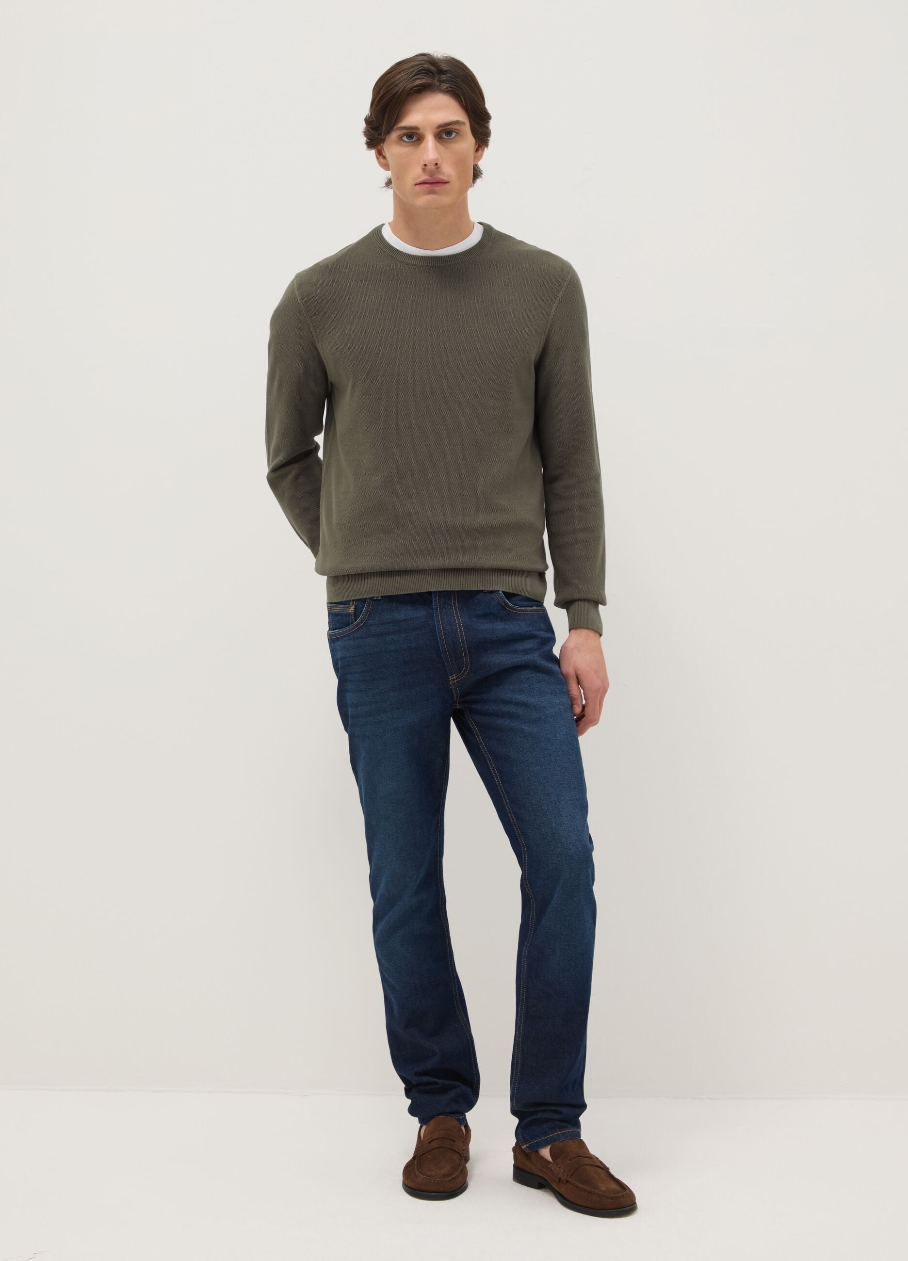 Green Crew Neck Sweater in Pure Cotton Regular Fit