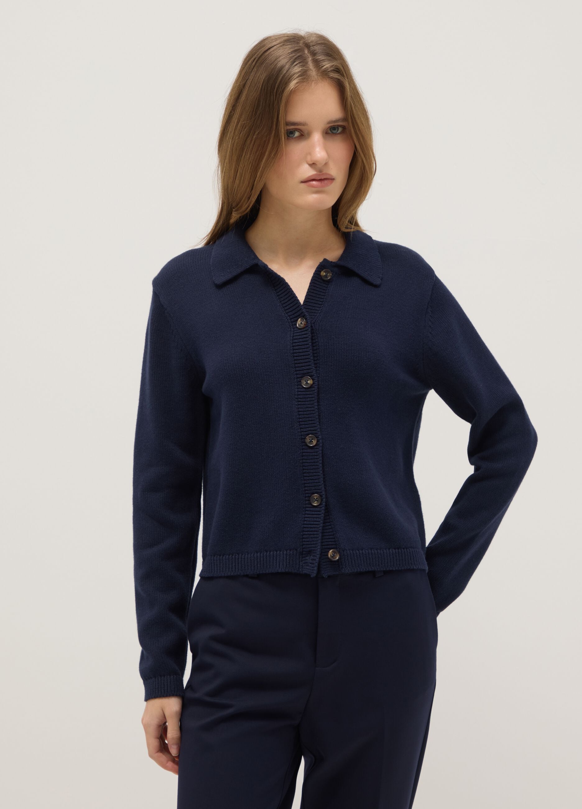 Blue cardigan with polo collar in pure cotton regular fit