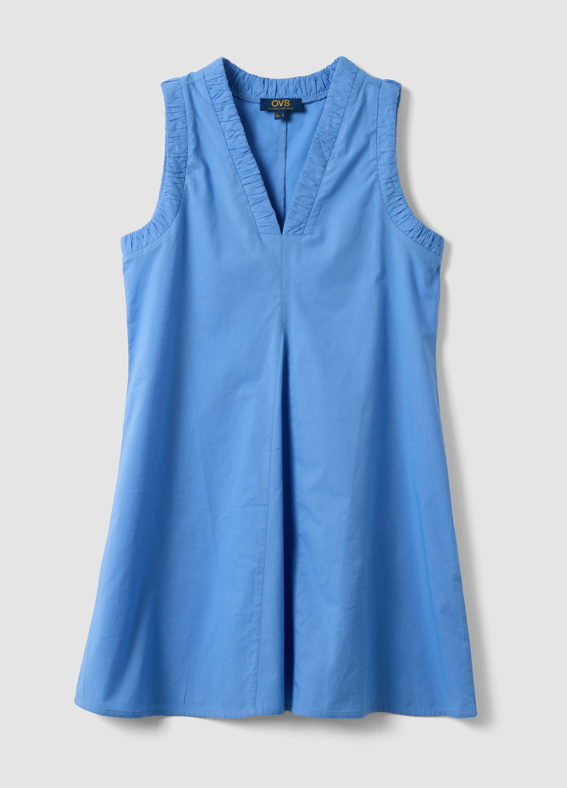 Light Blue Pure Cotton Regular Mini Dress with Ruched V-Neck