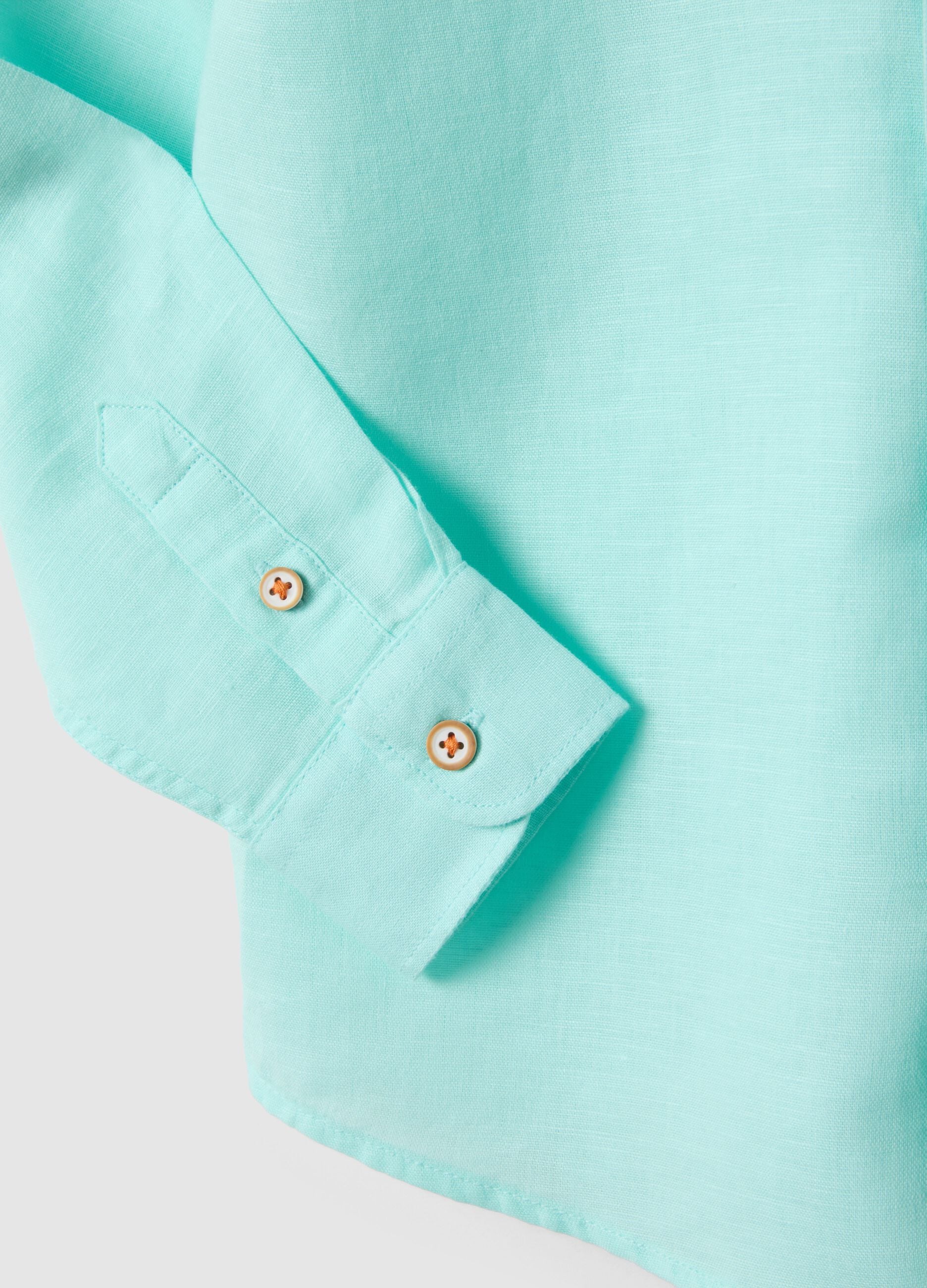 Regular fit blue linen blend boys' shirt with embroidery