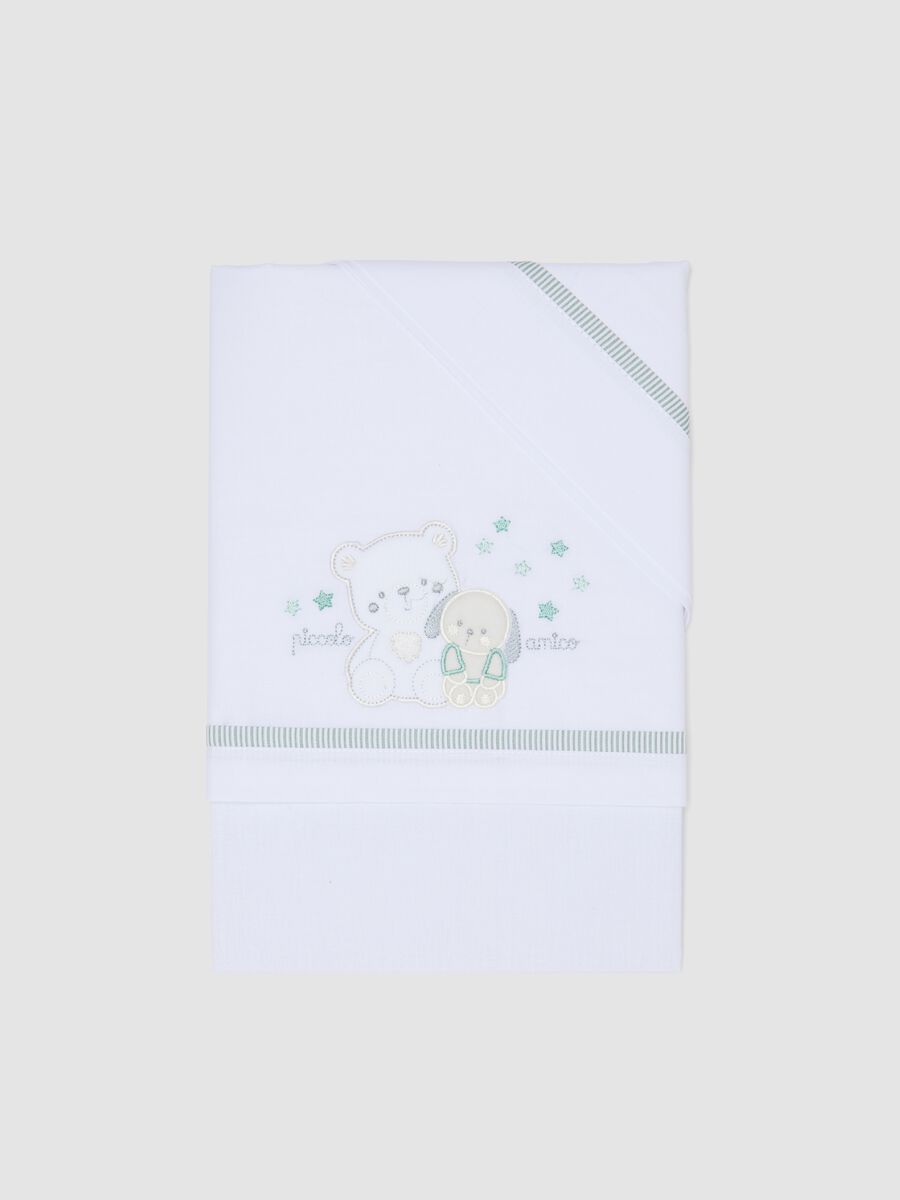 White pure cotton baby sheet with teddy bear and puppy embroidery_0