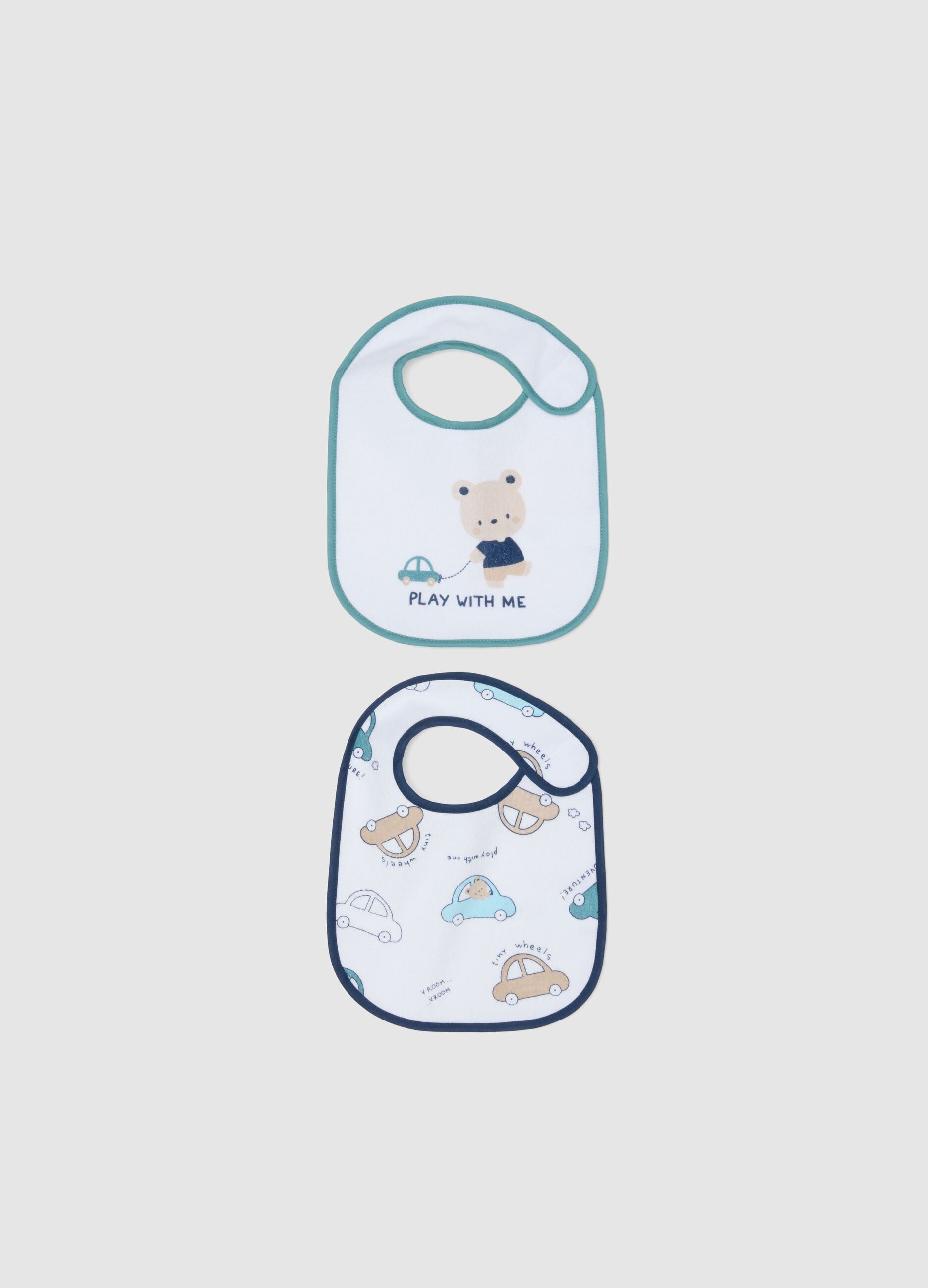 Pack of two multicolour newborn bibs in cotton blend with decorations