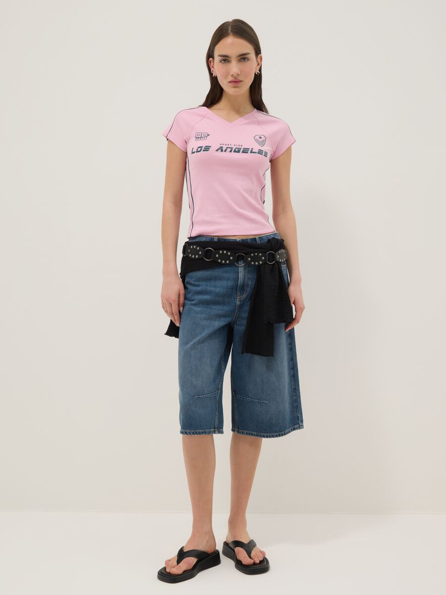 Pure cotton pink slim fit V-neck T-shirt with print_2