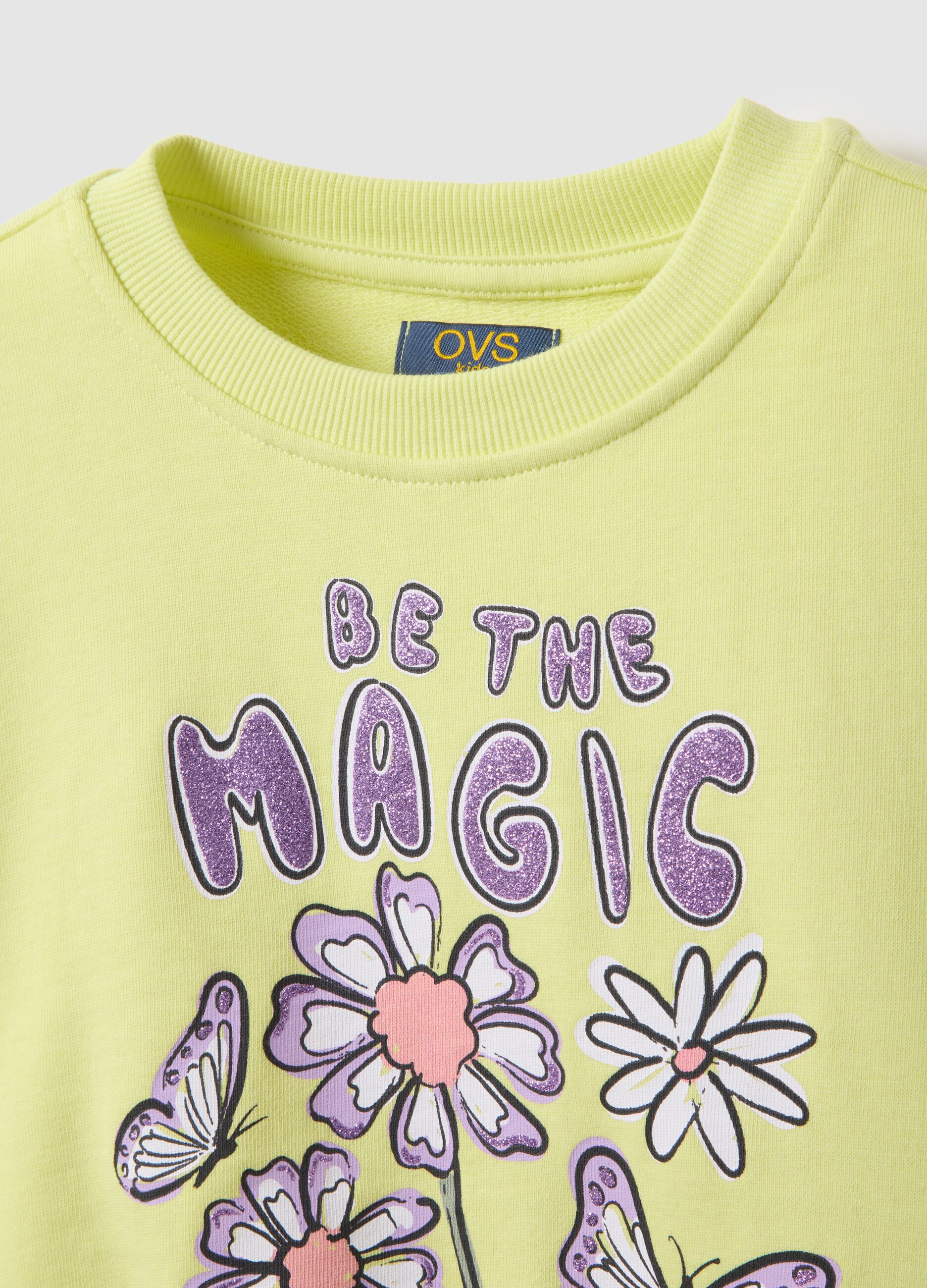 Yellow pure cotton girl's sweatshirt regular fit with embellishments