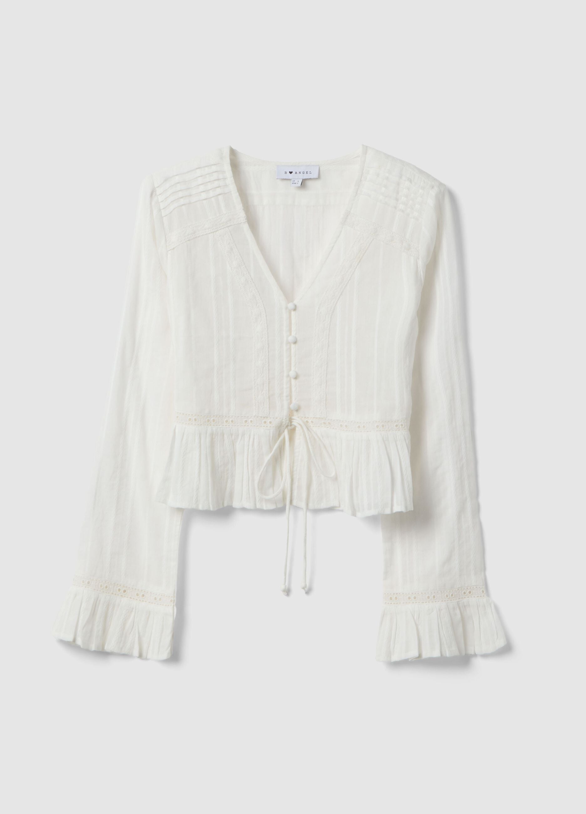White pure cotton transparent shirt, regular fit with ruffles