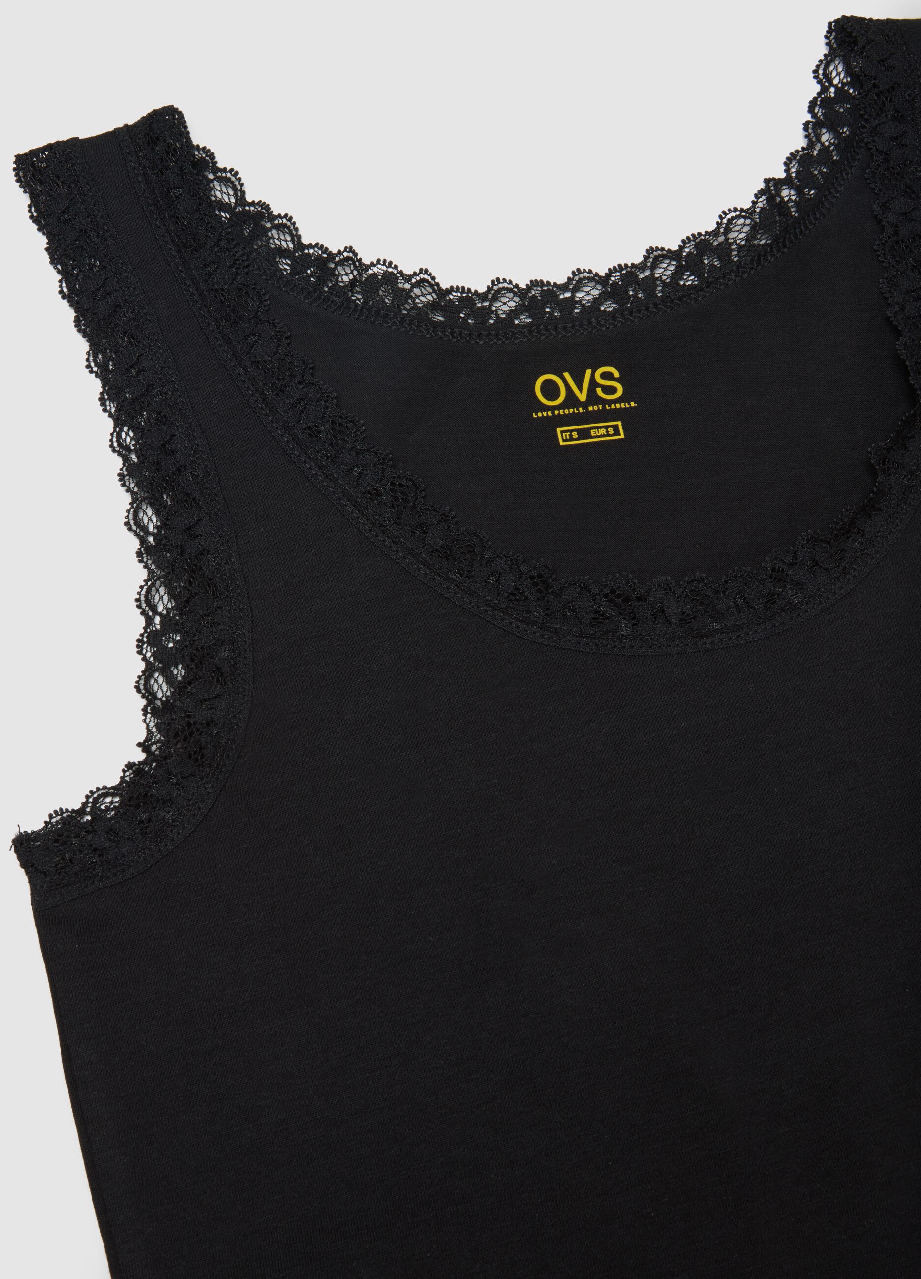 Regular fit black stretch cotton vest with lace trim