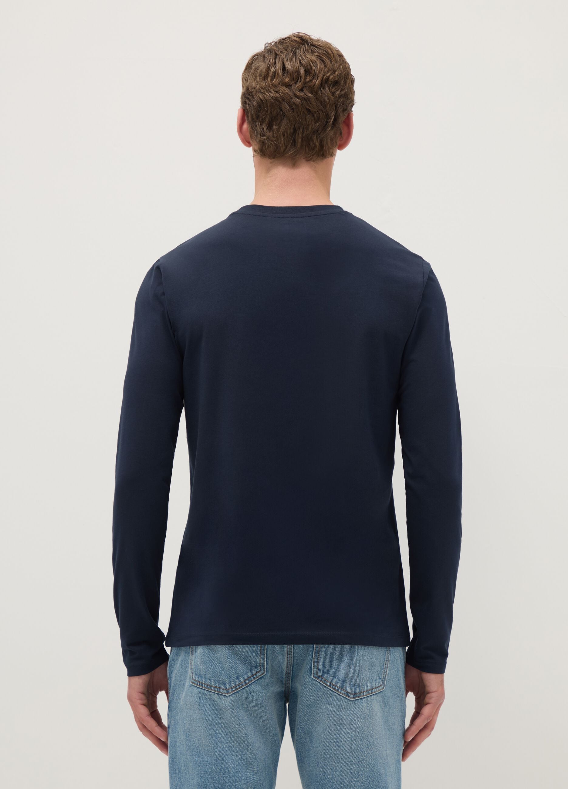 Regular Fit Long-Sleeve Stretch Cotton Blue T-shirt