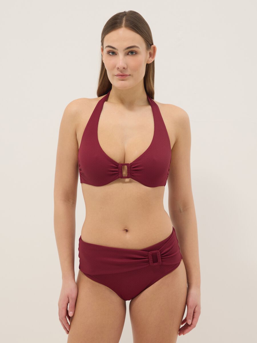 Red high-waisted stretchy bikini bottoms with buckle_0