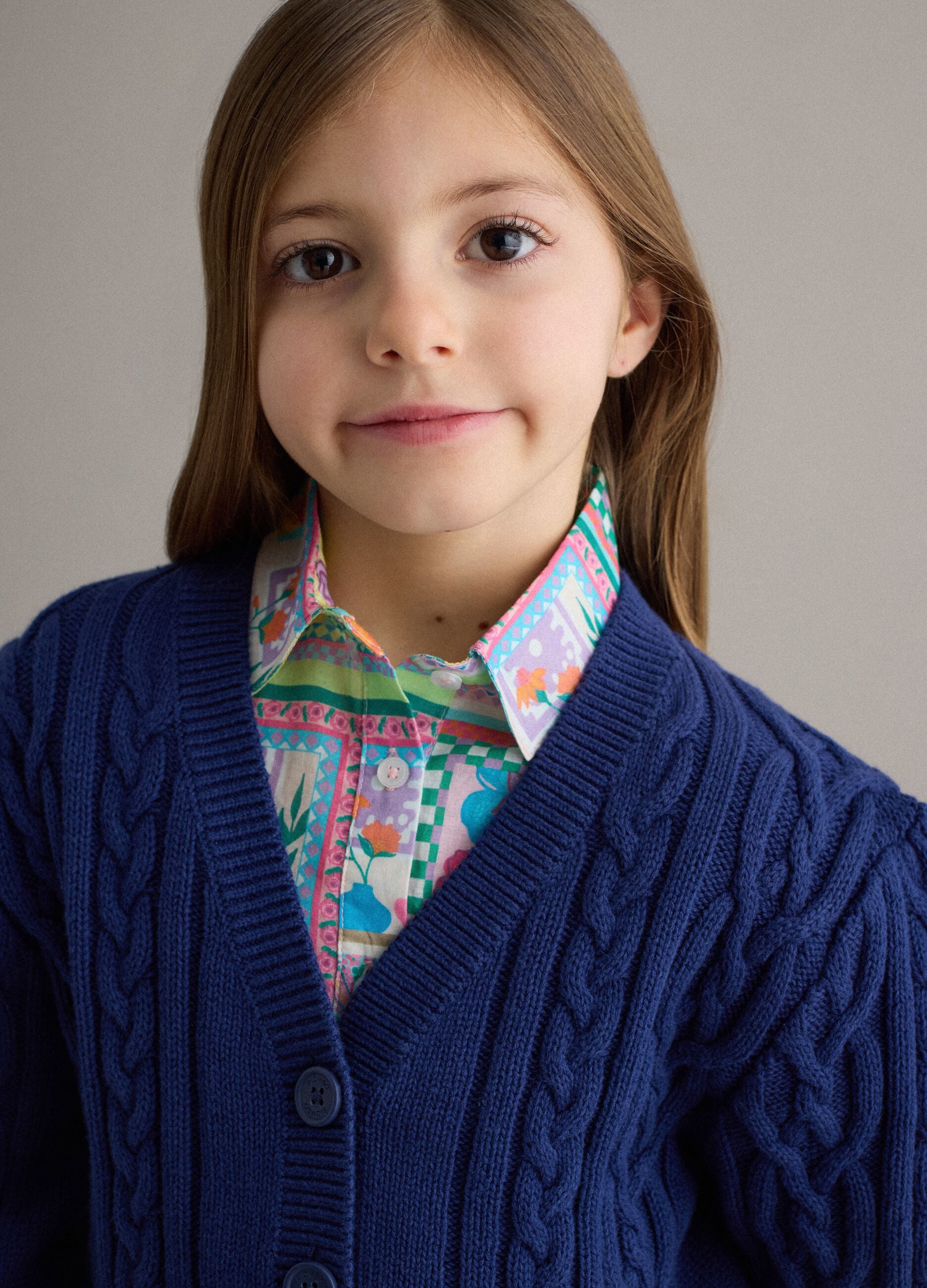 Girls' regular fit deep V blue pure cotton braided cardigan