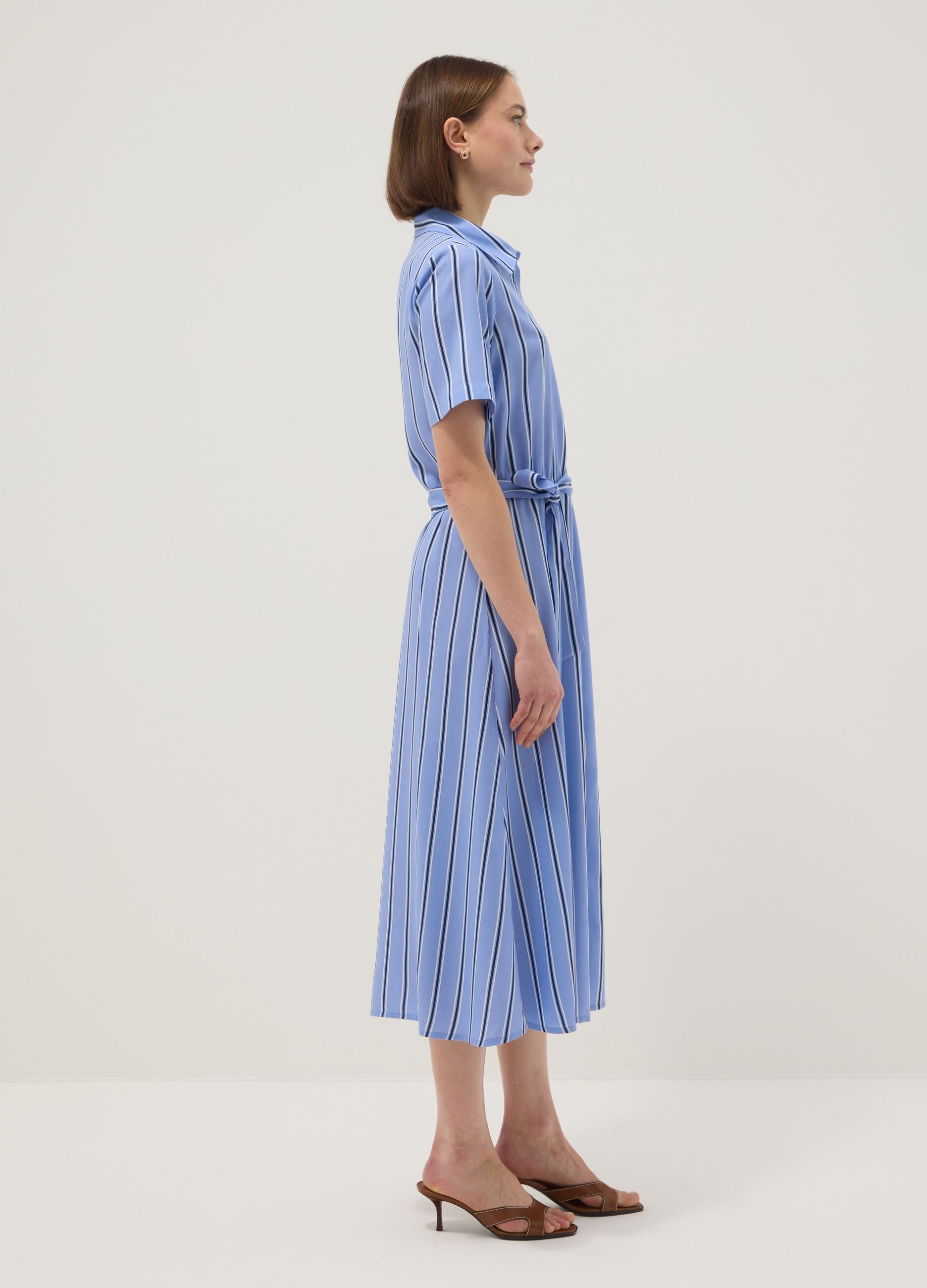Pure viscose multicolour striped regular fit dress with belt
