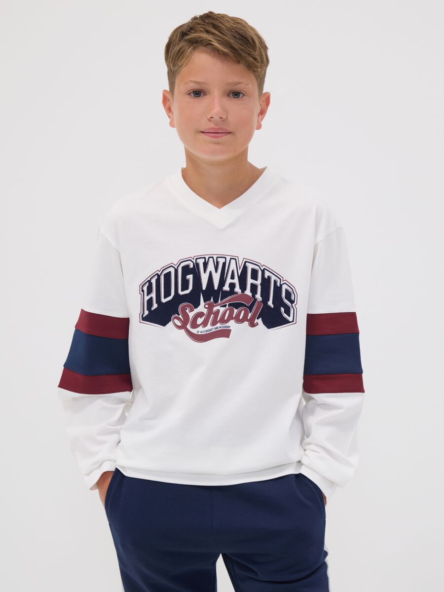 T-shirt bianca in puro cotone con scollo a V con stampa Harry Potter_1