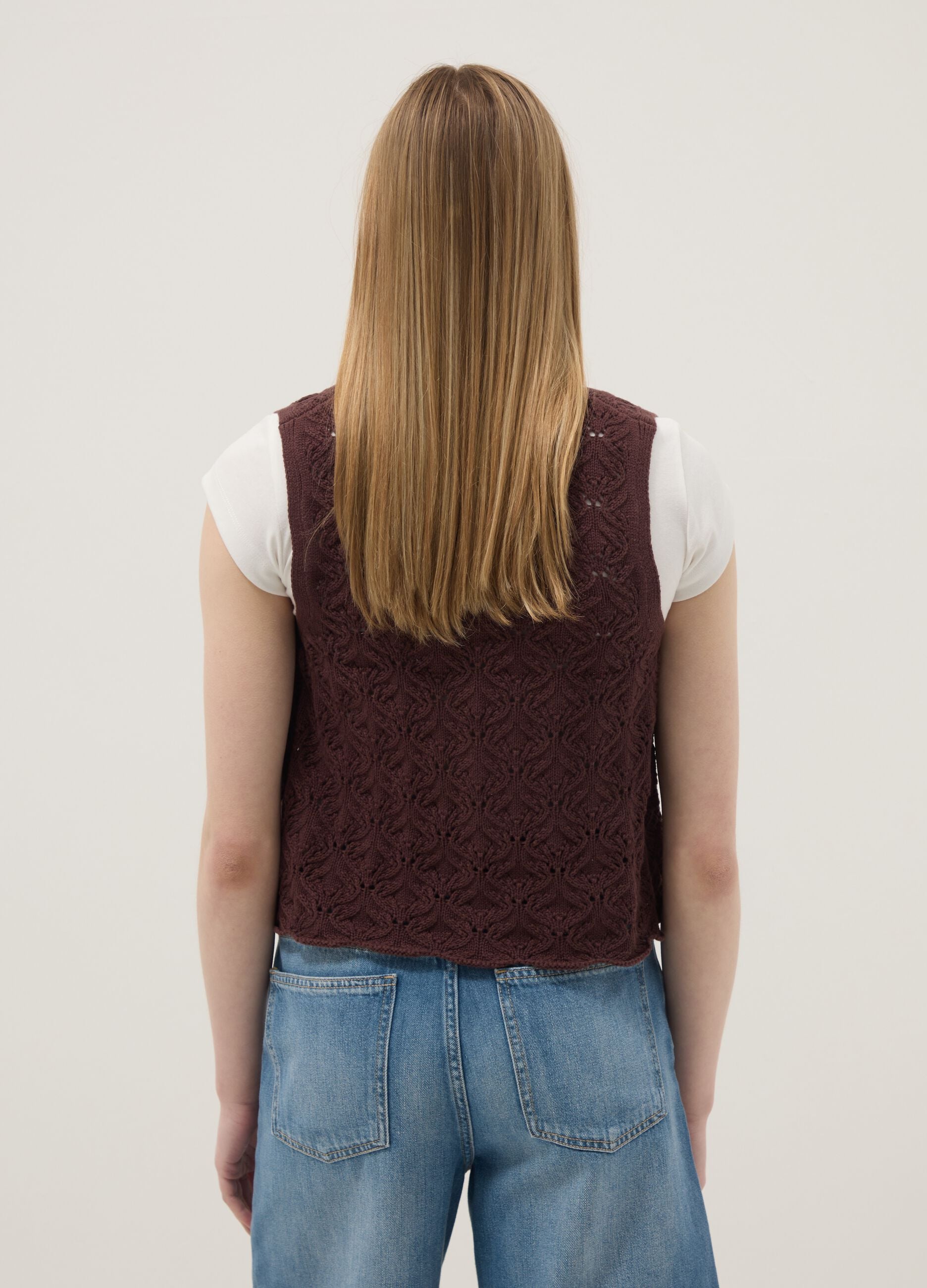 Brown pure cotton regular-fit waistcoat with tie fastening and deep V-neck