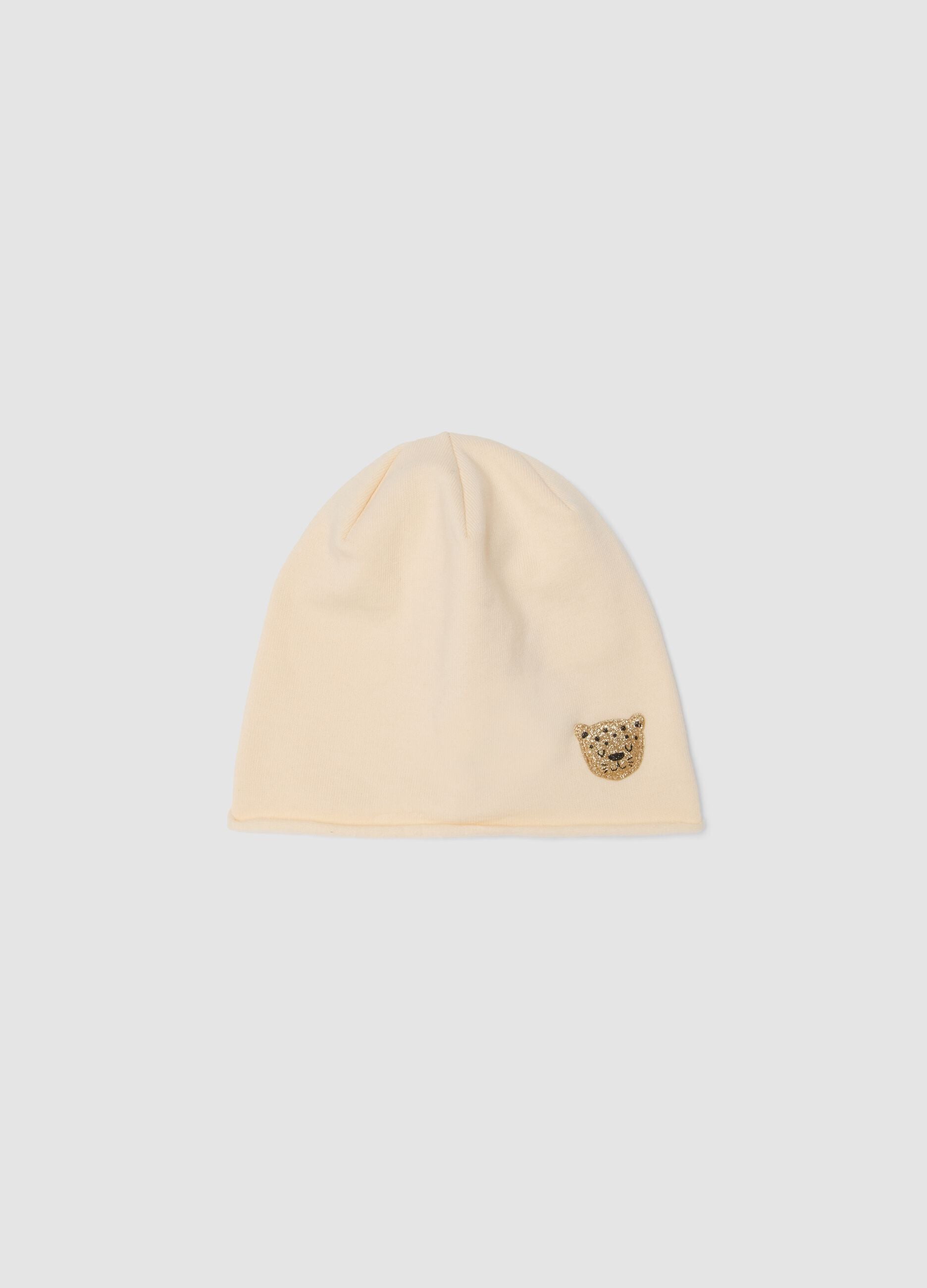 Beige stretch cotton girls&rsquo; hat with leopard detail